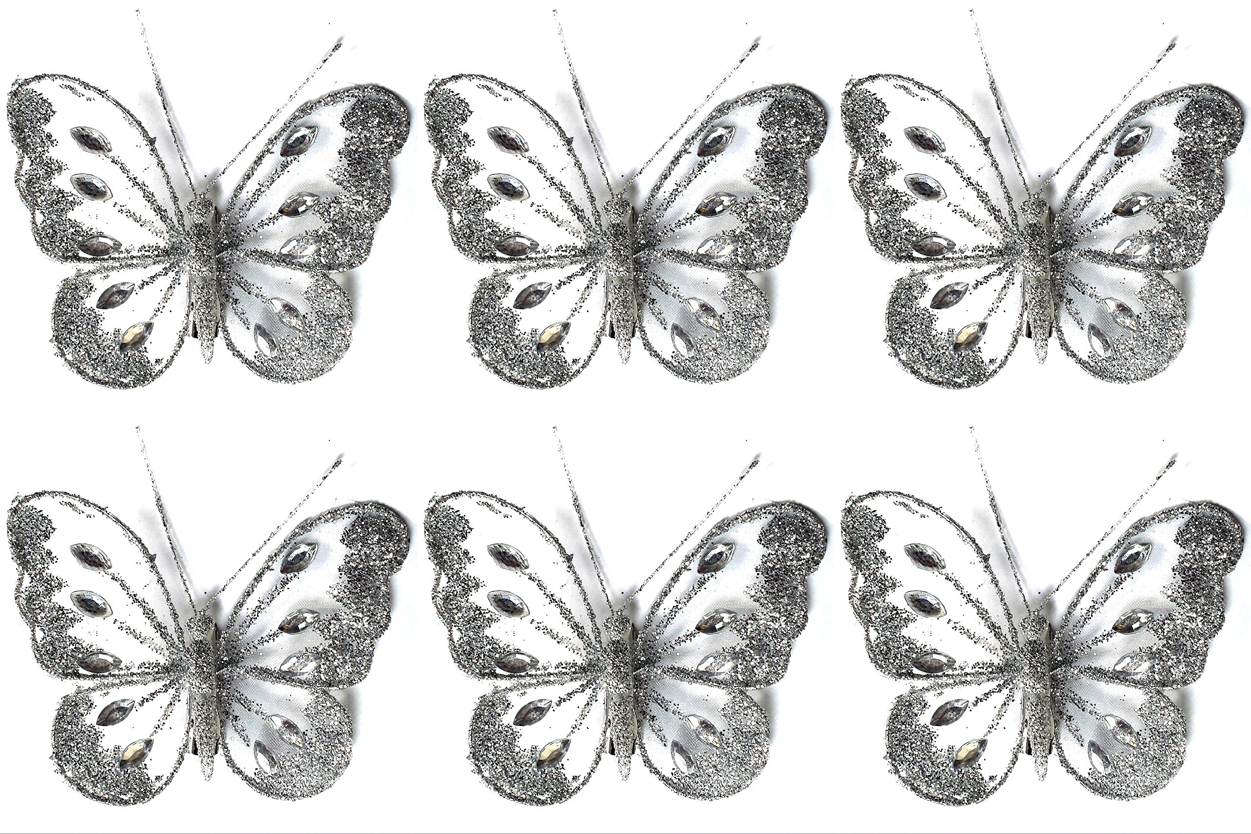 SET OF 6 Clip On Jewelled Glitter Mesh Decorative Butterflies 8cm (SILVER)