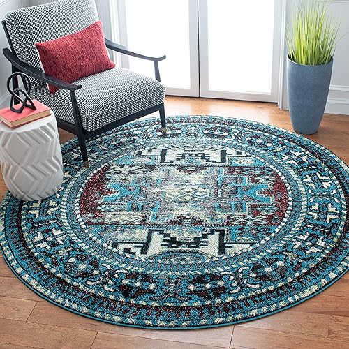 SAFAVIEH Vintage Hamadan Collection 6'7" Round Light Blue / Black VTH213M Oriental Traditional Persian Non-Shedding Dining Room Entryway Foyer Living Room Bedroom Area Rug