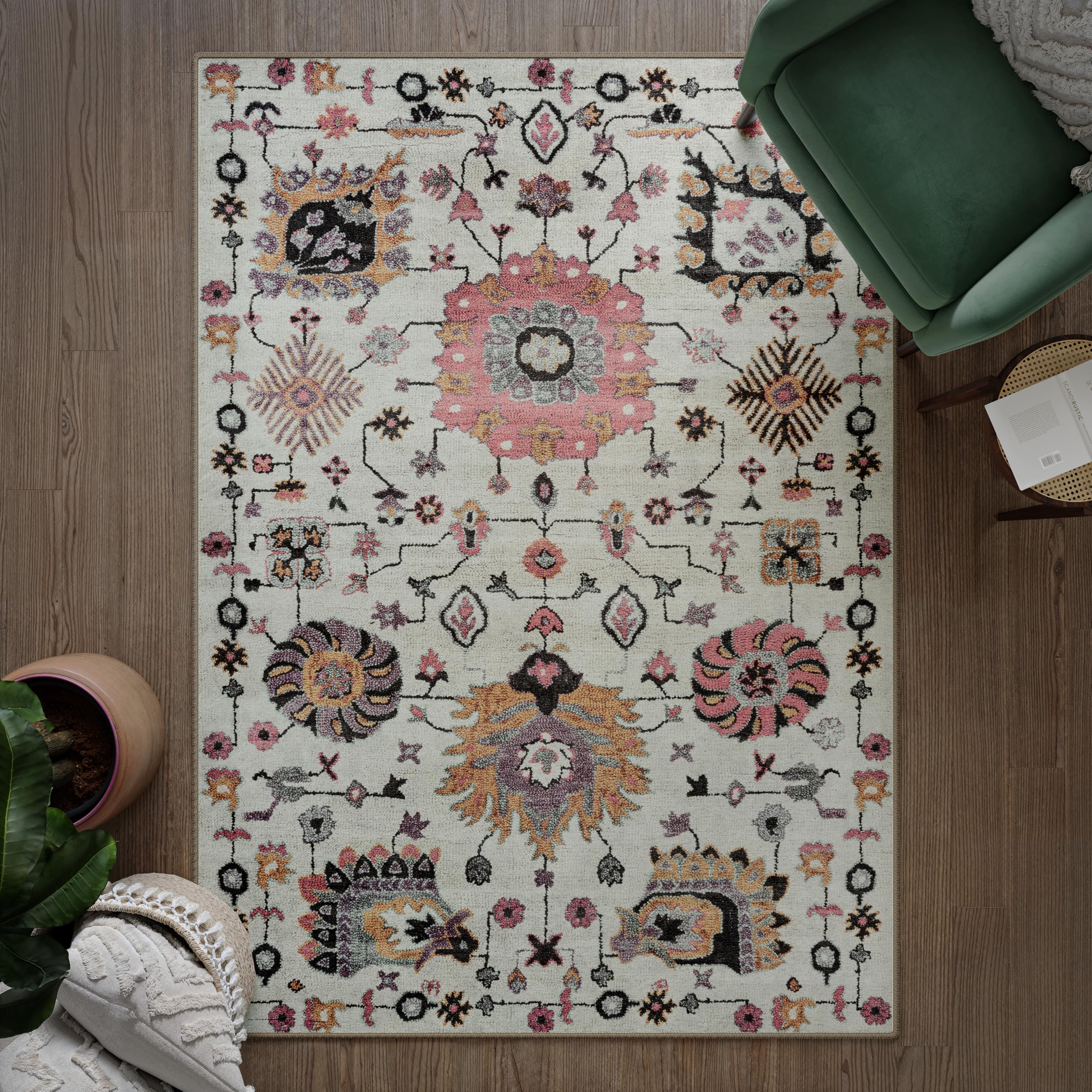 artyrugs Machine Washable Rug, 152x213cm, 75% Recycled Cotton, Short Pile, Non-Slip Backing, Non-Shedding, Suitable for Living Room, Bedroom, Kitchen, Hallway, Office, Dusk Beige & Pink — image 1
