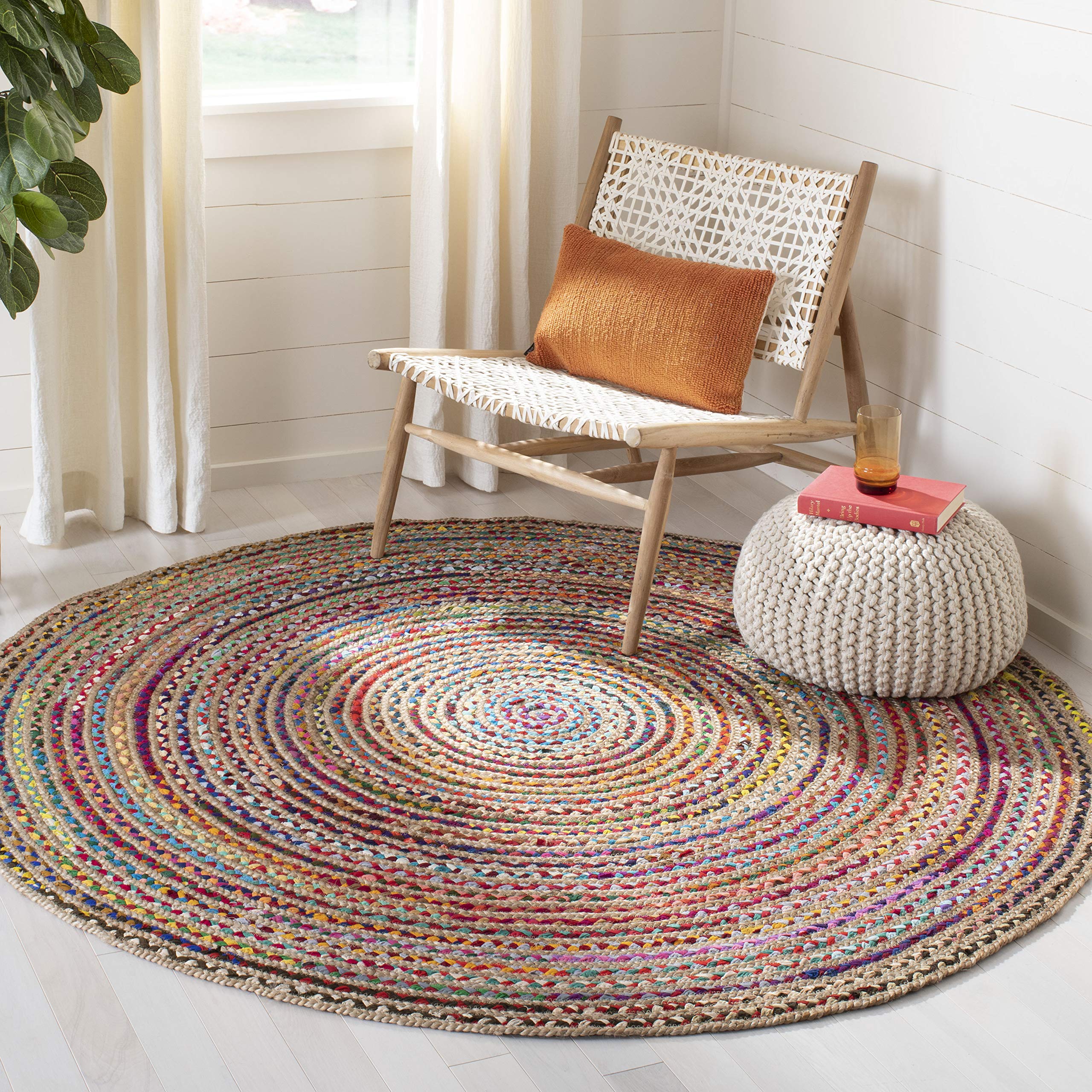 SAFAVIEH Cape Cod Collection Area Rug - 9' Round, Natural & Multi, Handmade Boho Braided Jute, Ideal for High Traffic Areas in Living Room, Bedroom (CAP251A)