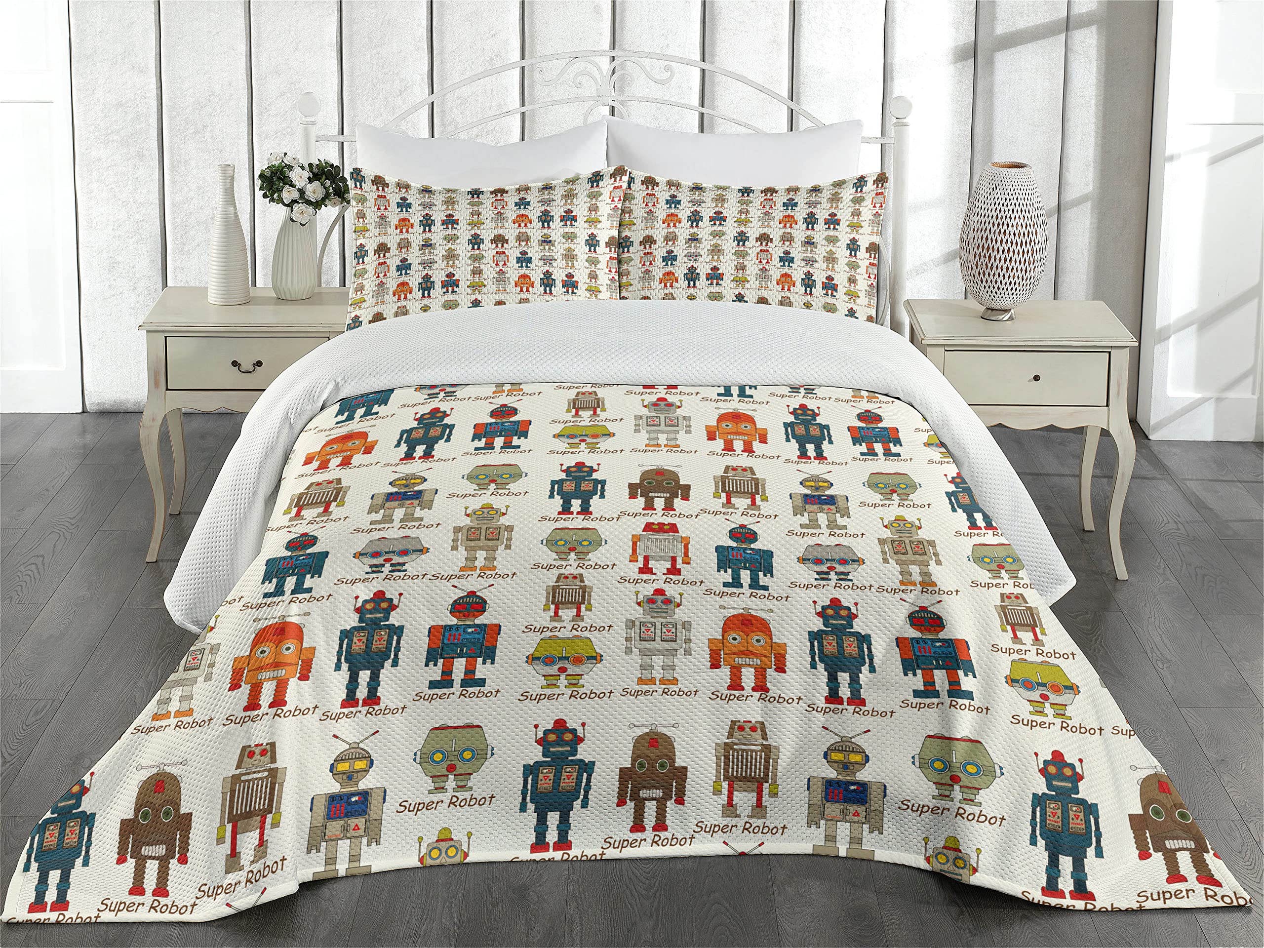 Ambesonne Robot Coverlet, Various Different Super Robot Set in Cartoon Style Fantasy Futuristic Machine, 2 Piece Decorative Quilted Bedspread Set with 1 Pillow Sham, Twin Size, Brown Marigold