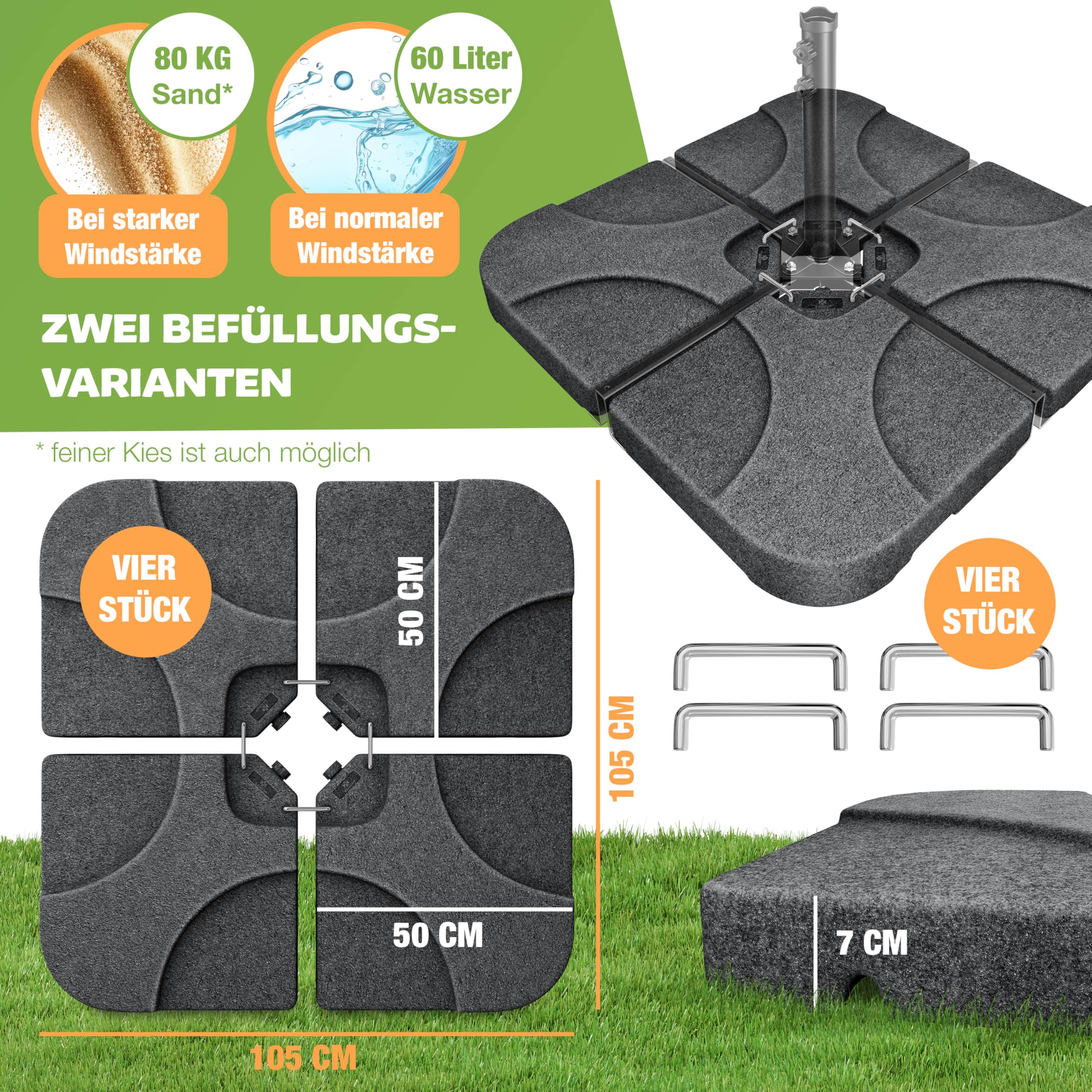 KESSER Soporte para sombrilla de 4 piezas, peso de la sombrilla, soporte para sombrilla con forma de cruz de 60 l/80 kg, rellenable con agua o arena, incluye conector de metal, soporte de plástico