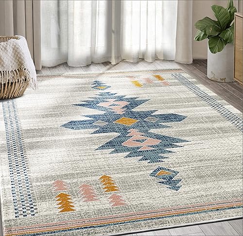 Abani Porto Collection - Alfombra rectangular de 3 x 5 pies, alfombra decorativa rectangular con estampado tribal beige turco y azul