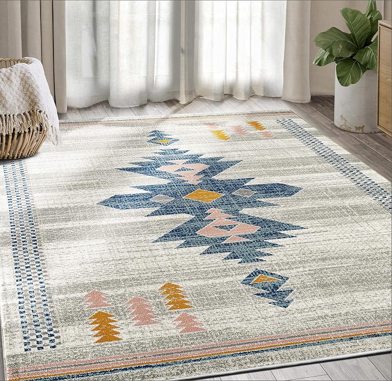 Porto Collection 5'3" x7'6" Southwestern Area Rug, Rectangular Turkish Beige & Blue Tribal Print Accent Rug Rugs