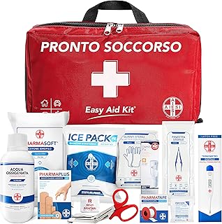 AIESI® Botiquin de primeiros socorros profissional para carro casa moto viagem trekking com termómetro e DESINFECTANTE, saco de emergência completo para medicamentos EASY AID KIT, Made in Italy