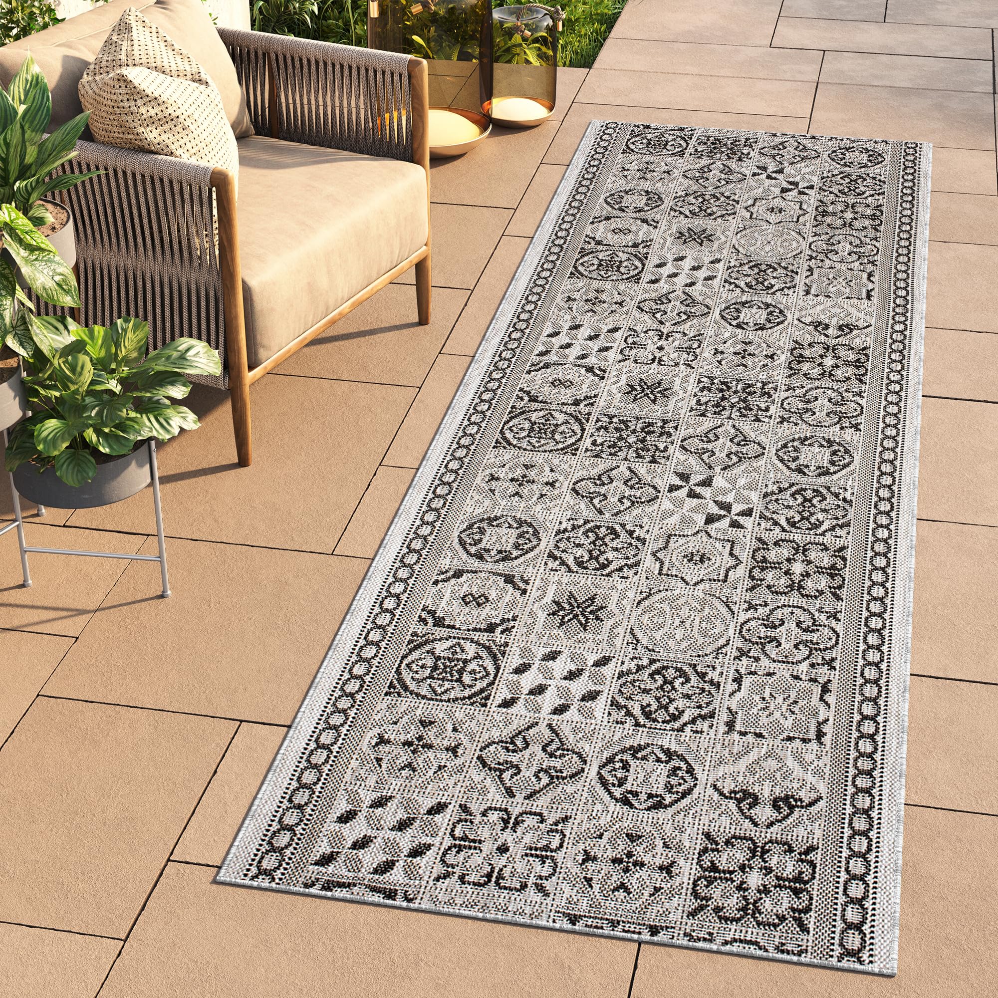 TAPISO Melissa dywan, sizalowy, płasko tkany, jasnoszary, czarny, figurki, koła, paski, paski, do kuchni, korytarza, korytarza, jadalni, Öko-Tex 80 x 230 cm
