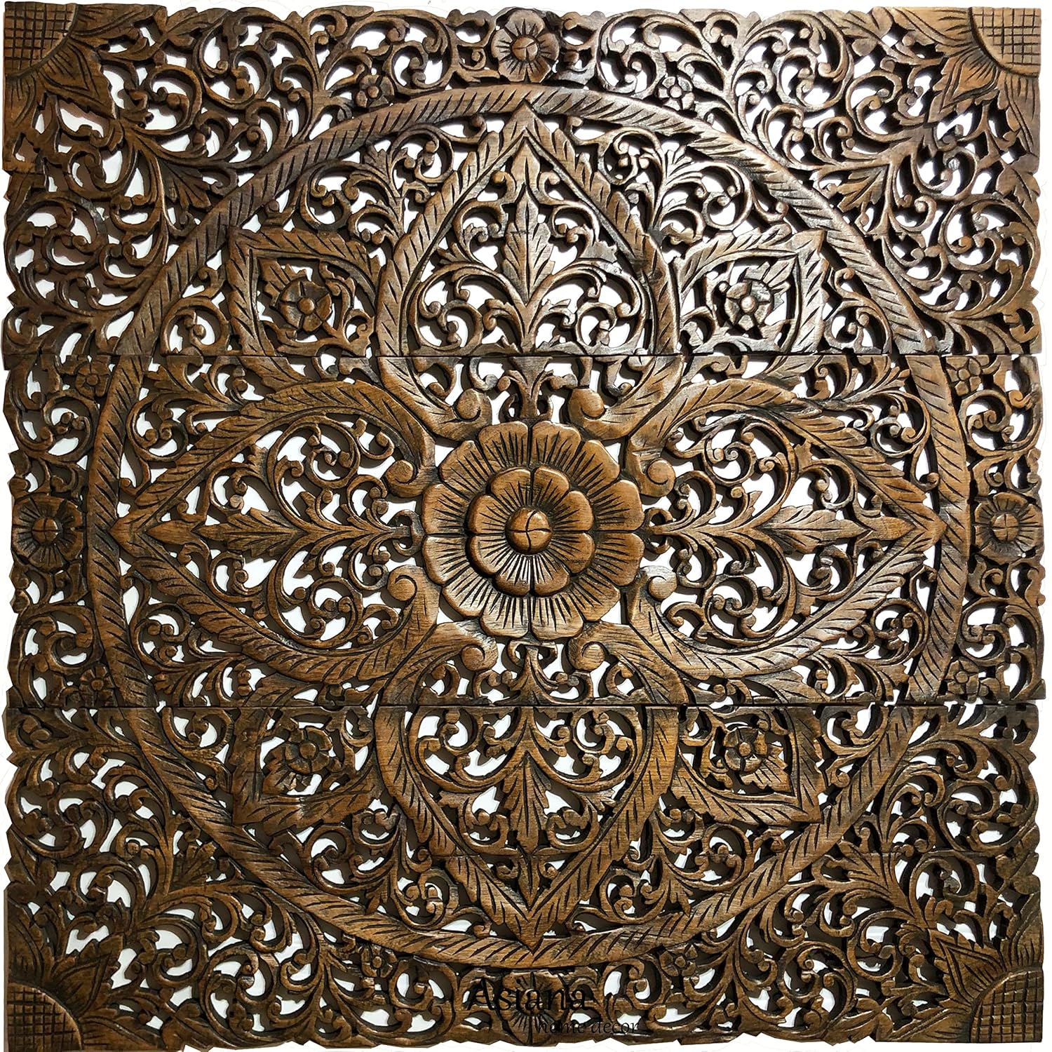 Floral Wood Carved Wall Art Panel Decorative Bali Asian Home Decor Headboard 35 5x35 5 Brown