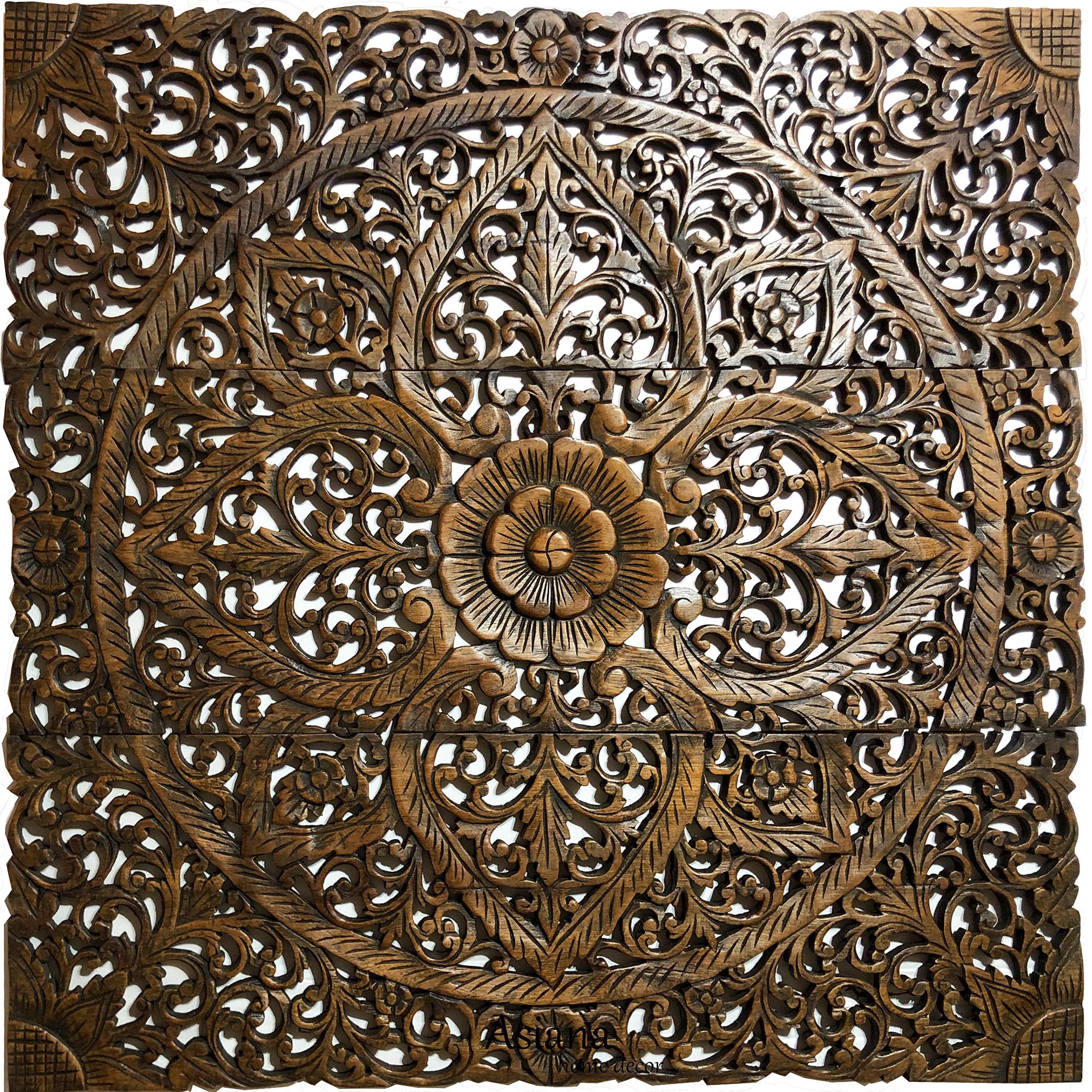 Floral Wood Carved Wall Art Panel Decorative Bali Asian Home Decor Headboard 35 5x35 5 Brown