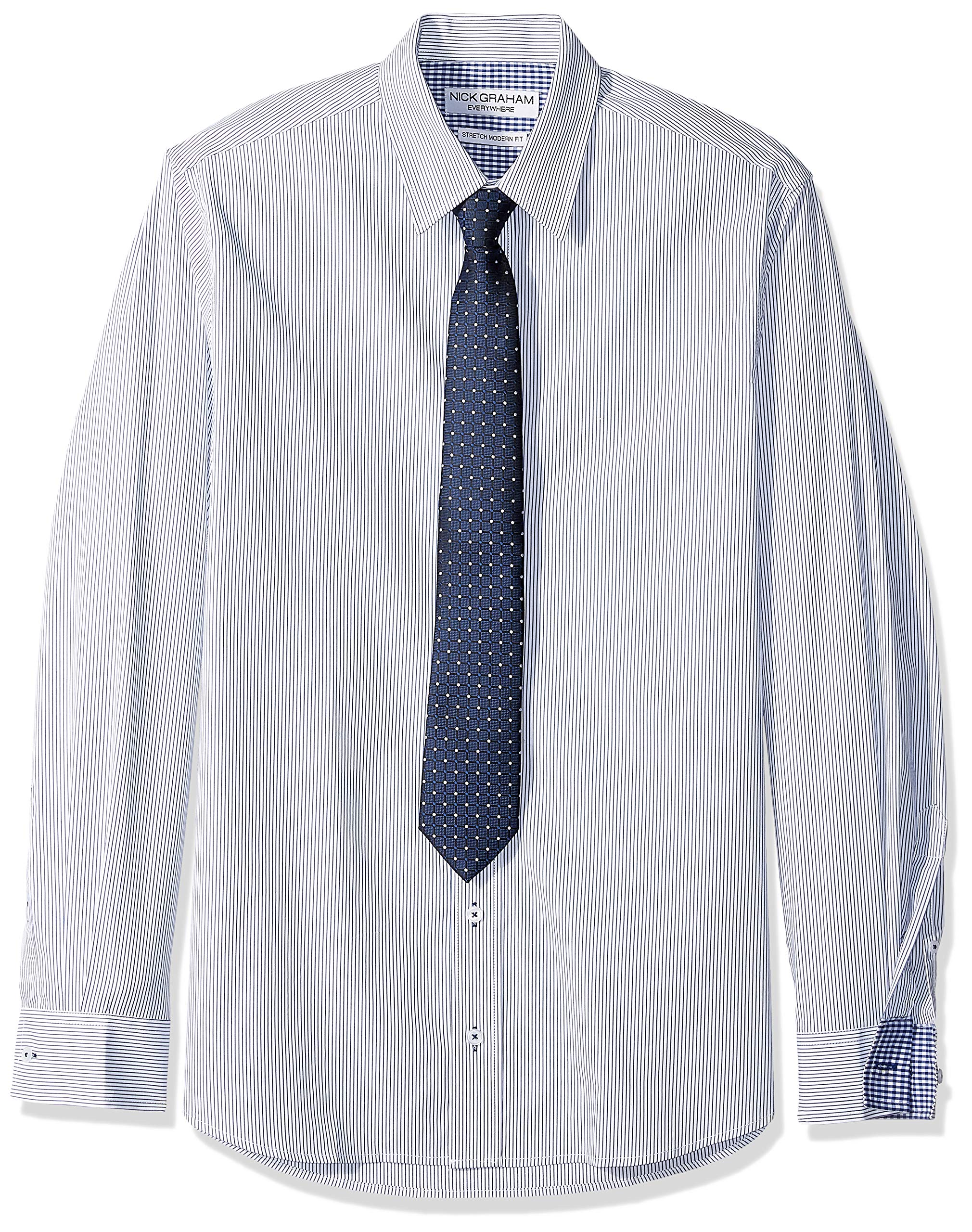 Men's Stretch Modern Fit Stripe Dress Shirt and Dot Grid Tie Set