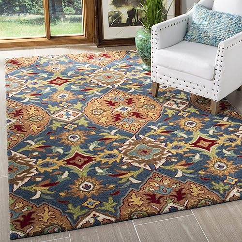 SAFAVIEH Heritage Collection - Alfombra de área de 5 x 8 pies, color camello y azul, hecho a mano, lana oriental tradicional, ideal para zonas de