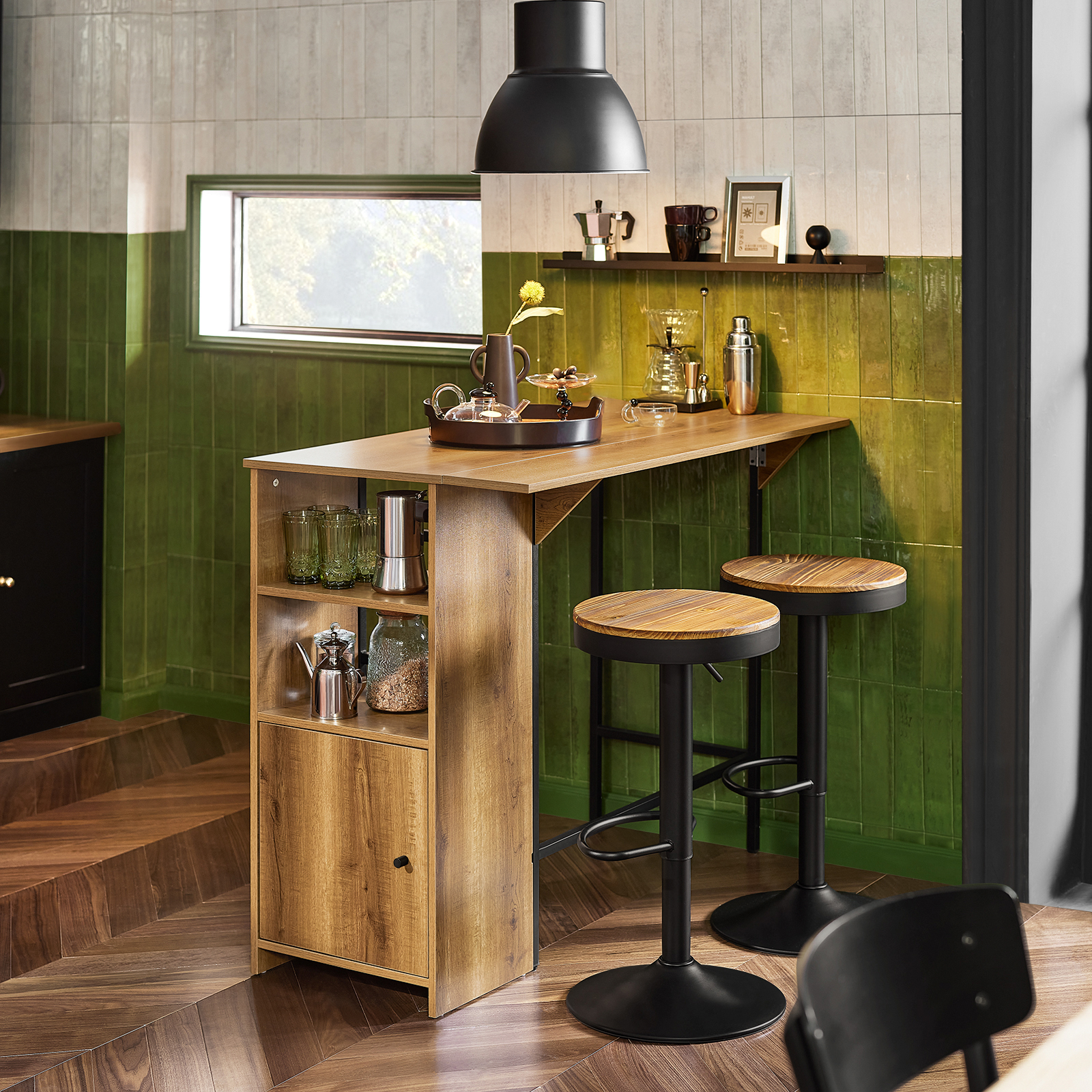 SoBuy FKW107-II-WN Verrijdbare Serveerkeukenwagen Multifunctionele Buffetopberger Met Kruidenrek 1 Deur En 2 Lades