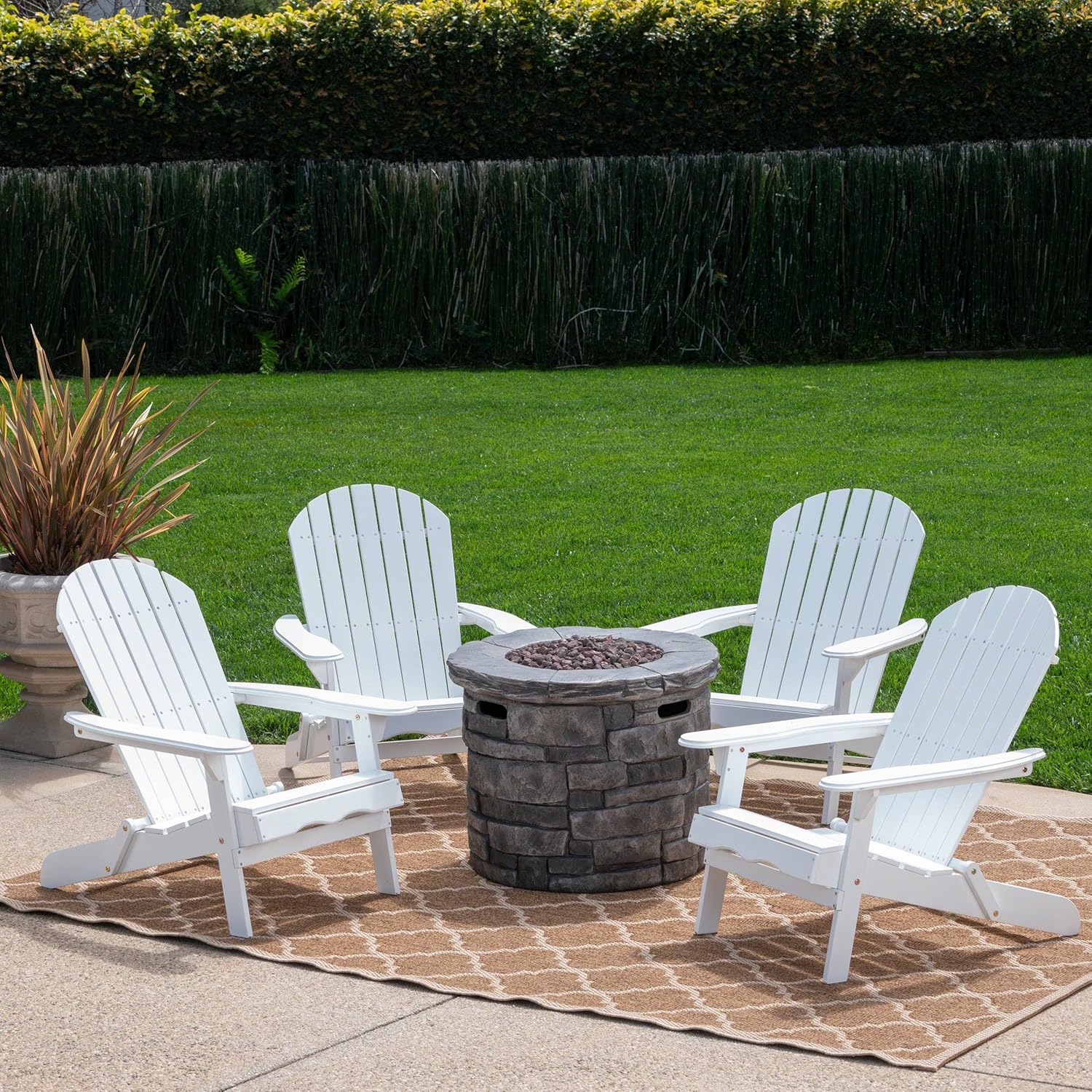 GDFStudio Outdoor 5 Piece Acacia Wood/Light Weight Concrete Adirondack Chair Set with Fire Pit, White Finish and Grey Finish