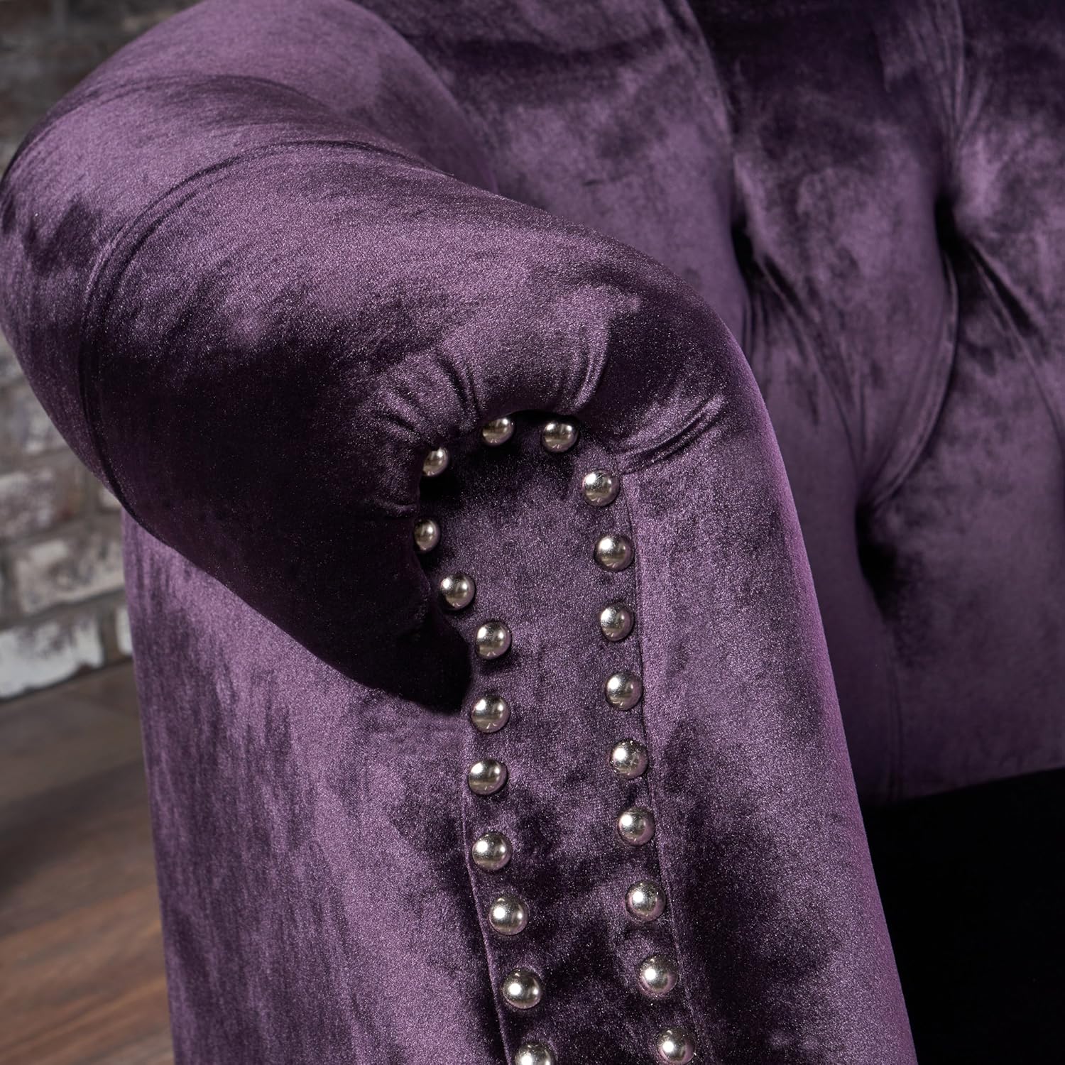 Tufted Chesterfield Velvet Loveseat with Scrolled Arms, BlackBerry and Dark Brown - Image 4