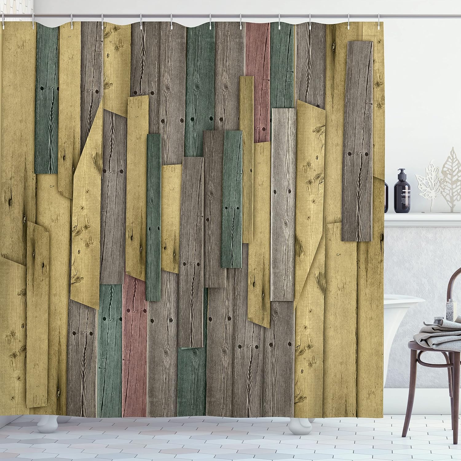 Ambesonne Rustic Shower Curtain, Grunge Wood Planks Barn House Door Nails Country Farm House Life Theme Layout, Cloth Fabric Bathroom Decor Set with Hooks, 69" W x 70" L, Pale Green