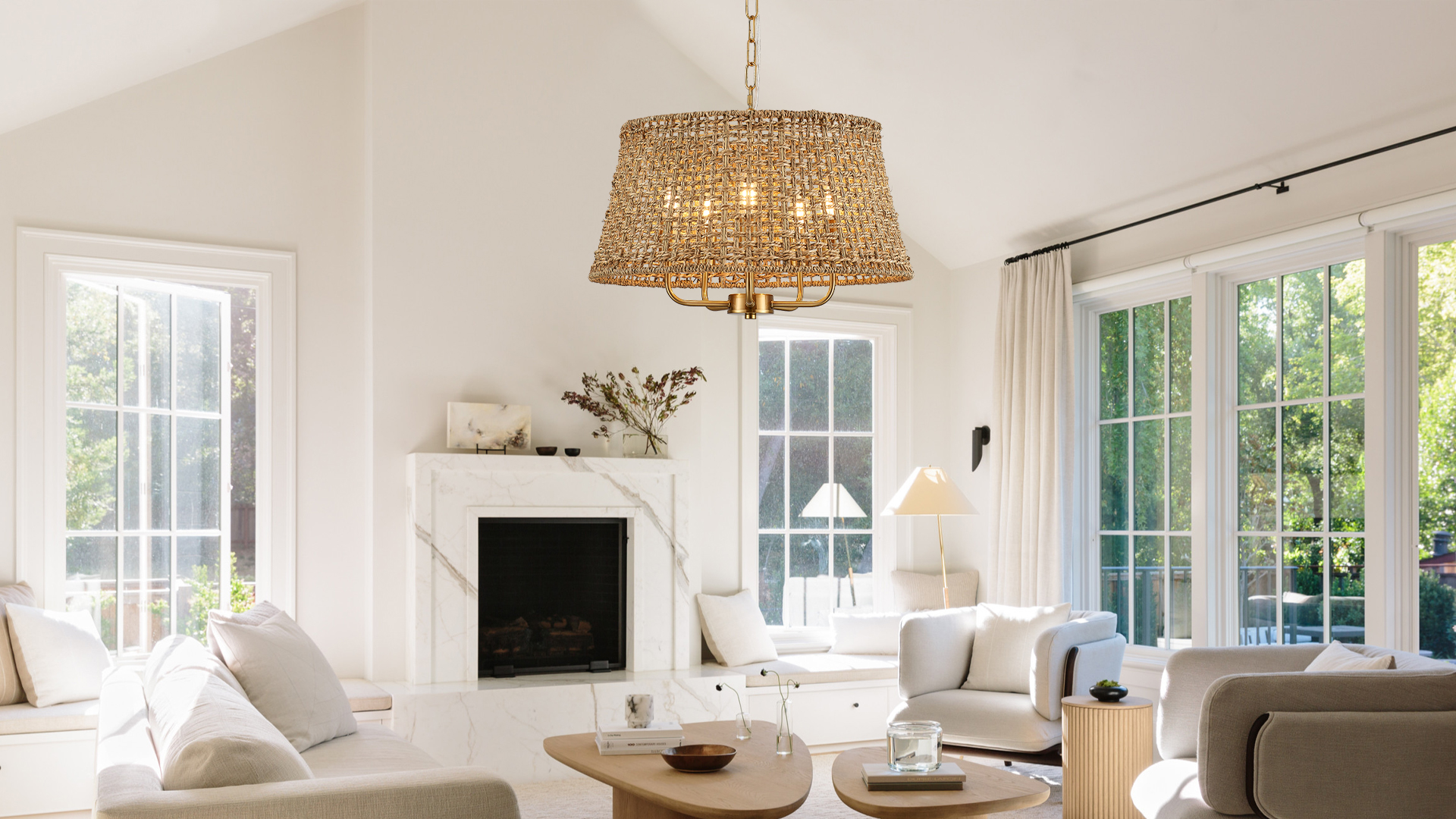 Image of 19.7 inch Boho Rattan Chandelier, 5-Light Gold Wicker Light Fixture