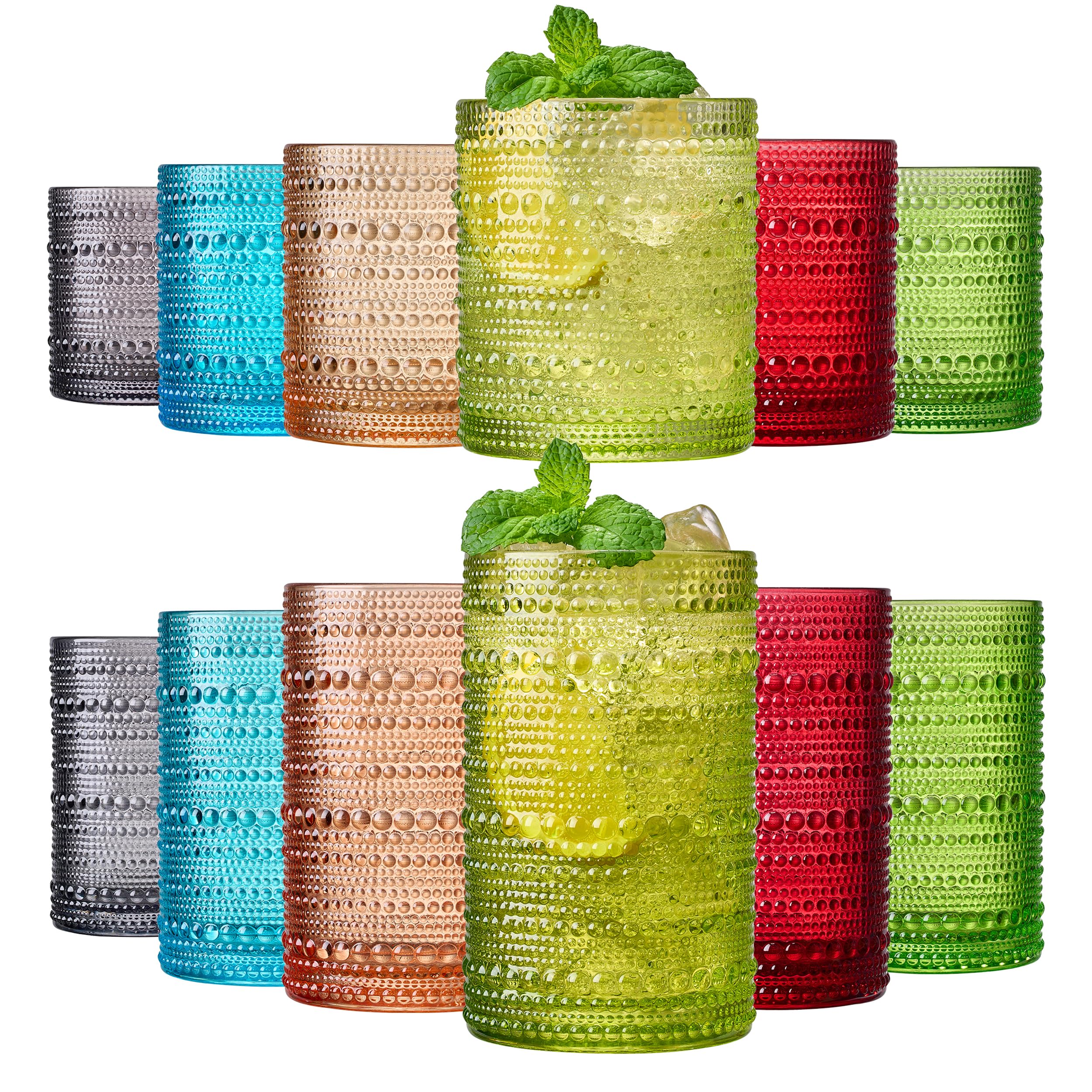 Khen Hobnail Beaded Highball Drinking Tumbler Glasses | Set of 12 | Autumn Colors Vintage Bubble Design Whiskey Glassware, Old-Fashioned, Embossed Design Water, Wine, Cocktail Rocks Glasses