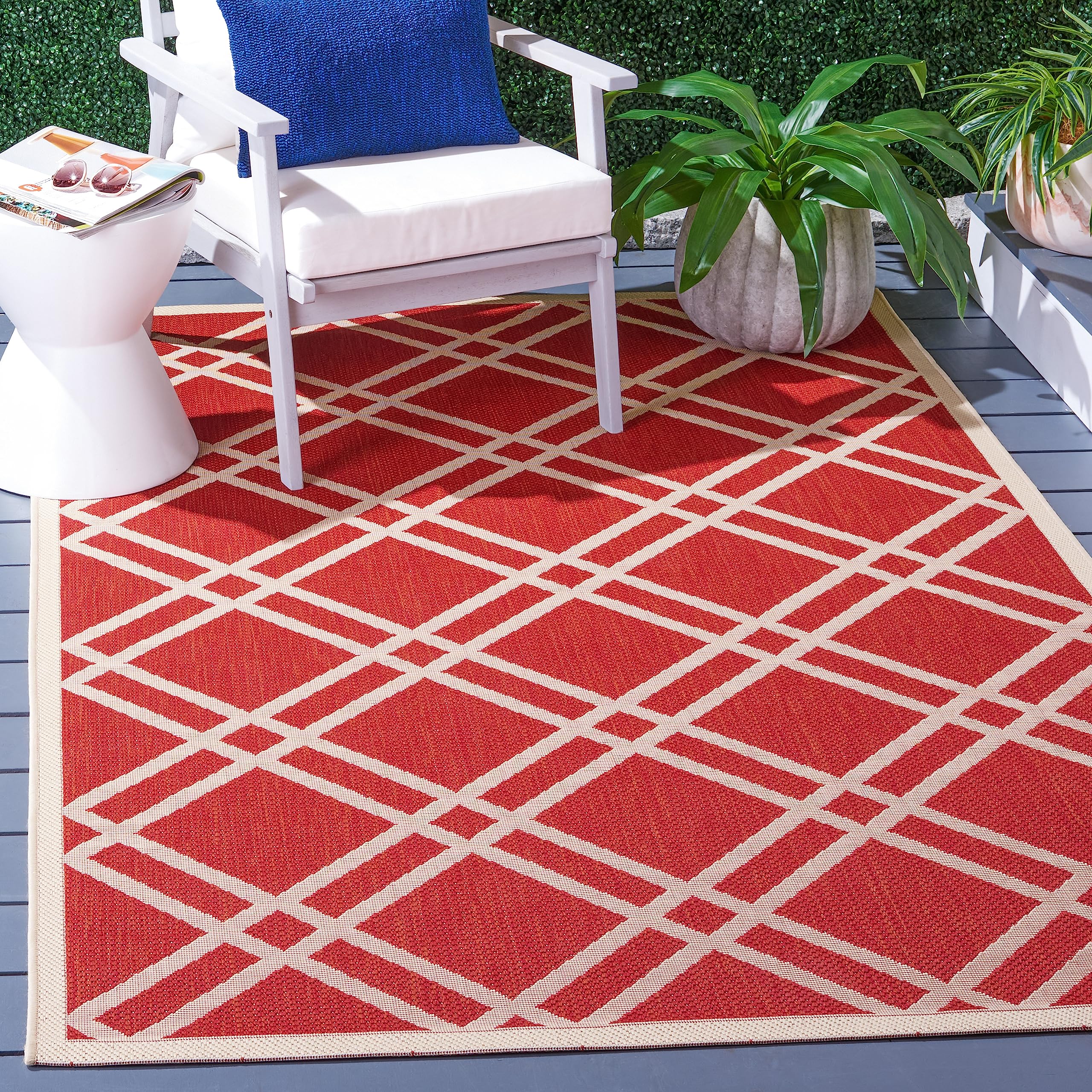 SAFAVIEH Tapis Géométrique pour - Imperméable à l'eau - Salon, Salle à manger, Chambre à coucher - Courtyard Collection, Tapis à poil court, Rouge et Os, 122 X 170 cm