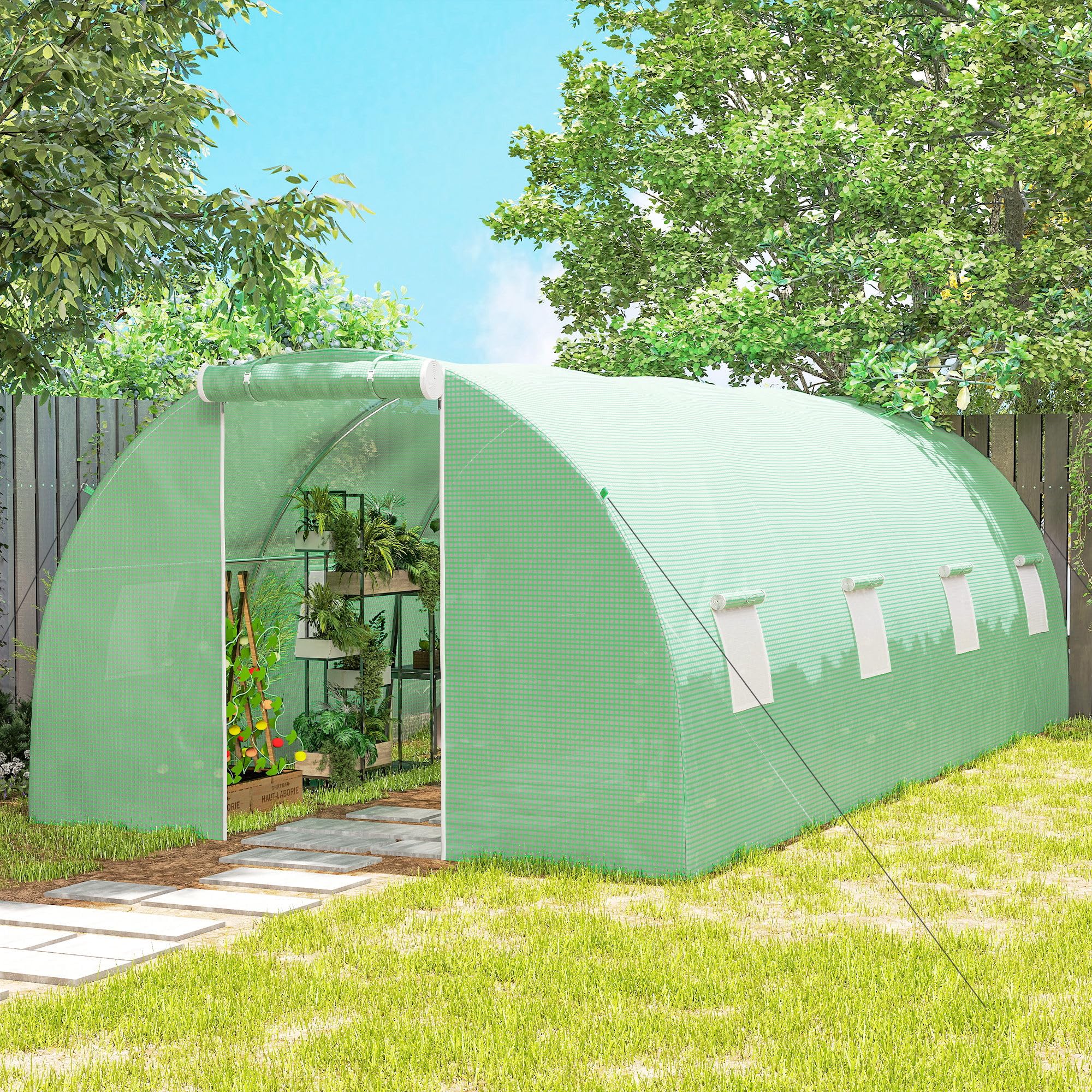 Outsunny Foliengewächshaus begehbares Polytunnel 6 x 3 m Gewächshaus mit 8 Fenster Treibhaus Frostschutz Stahlrohr Dunkelgrün