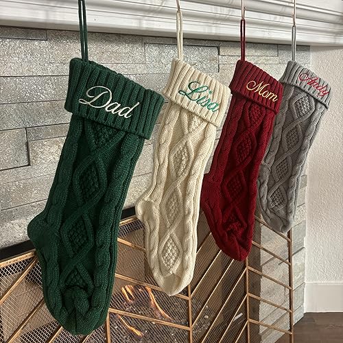 Miniatura 4 de Medias de Navidad de punto personalizadas (18 pulgadas) con nombre bordado personalizado, tejidas, rojo, verde, marfil, rústicas, para decoración