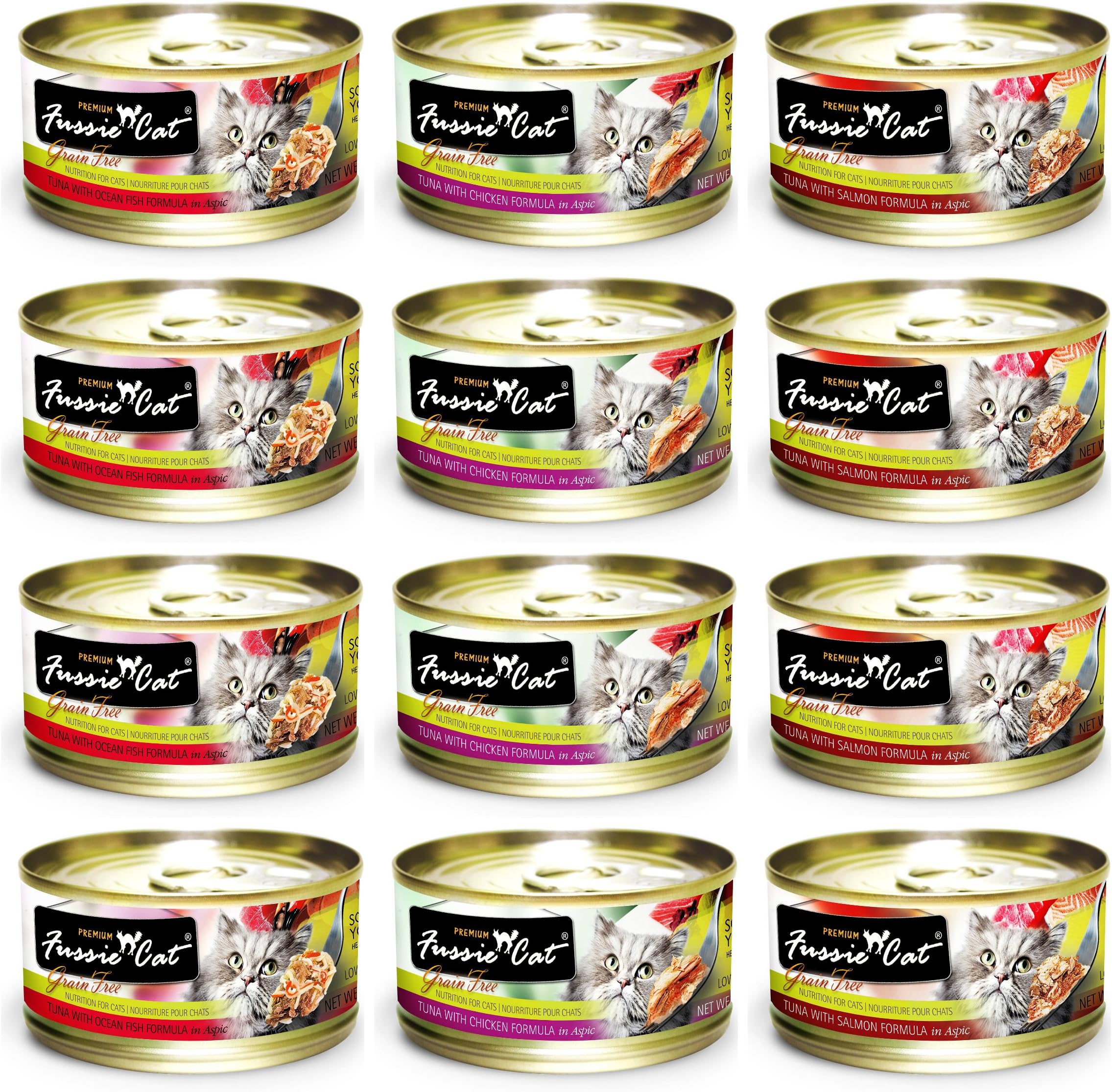 Premium Grain Free Canned Cat Food 3 Flavor Variety: (4) Tuna with Chicken, (4) Tuna with Salmon and (4) Ocean Fish, 2.82 Oz Each (12 Cans Total)