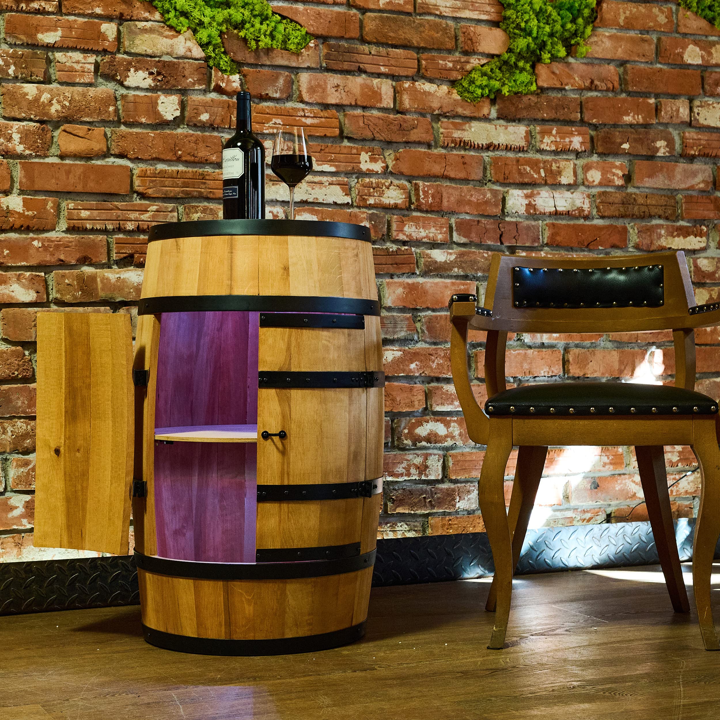 CREATIVE COOPER Weinregal Holz mit Tür mit LED RGB - Alkoholschrank Flaschenregal Holz - Holzfass - Fassmöbel - Weinständer - Weinfass - Weinbar - Fass bar mit Tür - minibar 80 cm High (Eiche)