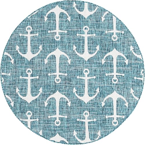 Miniatura 3 de Unique Loom - Alfombra redonda de la colección Outdoor Coastal, estilo Ahoy (5 pies 3 pulgadas, verde azuladomarfil)