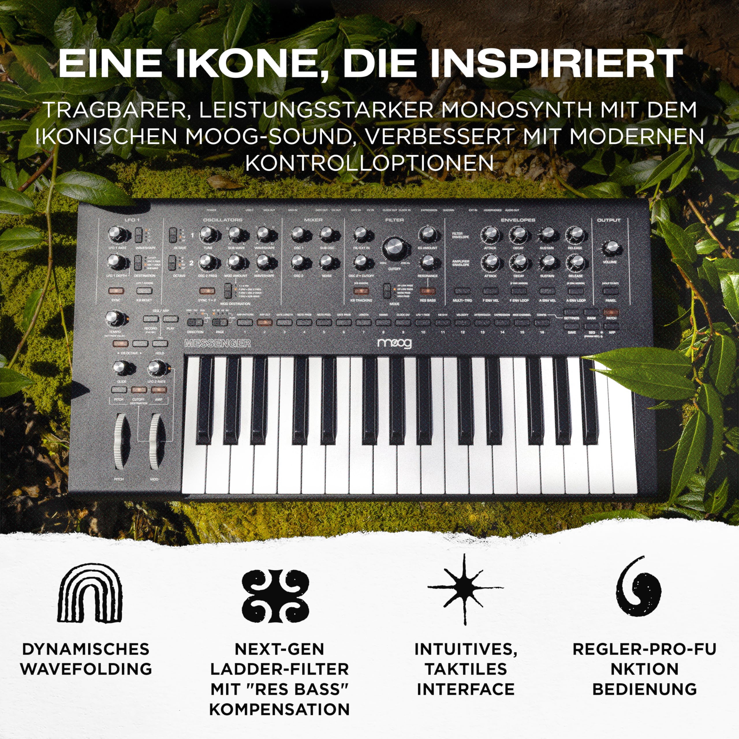 MOOG Messenger - Next-Gen Monophoner Analog Keyboard Synthesizer mit 32 Tasten, 64-Step Sequencer, 256 Presets und RES BASS Kompensation
