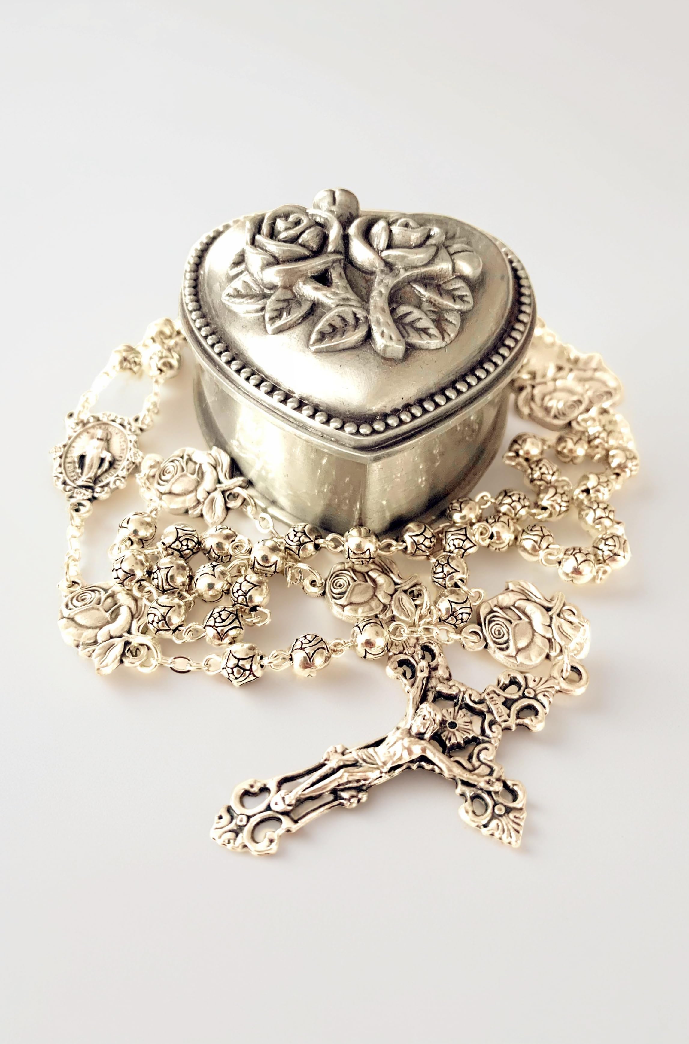 elegantmedical Handmade Silver Rose Beads Catholic 5 Decade Rosary Case Cross Gift Box Italy Crucifix Cross For Women