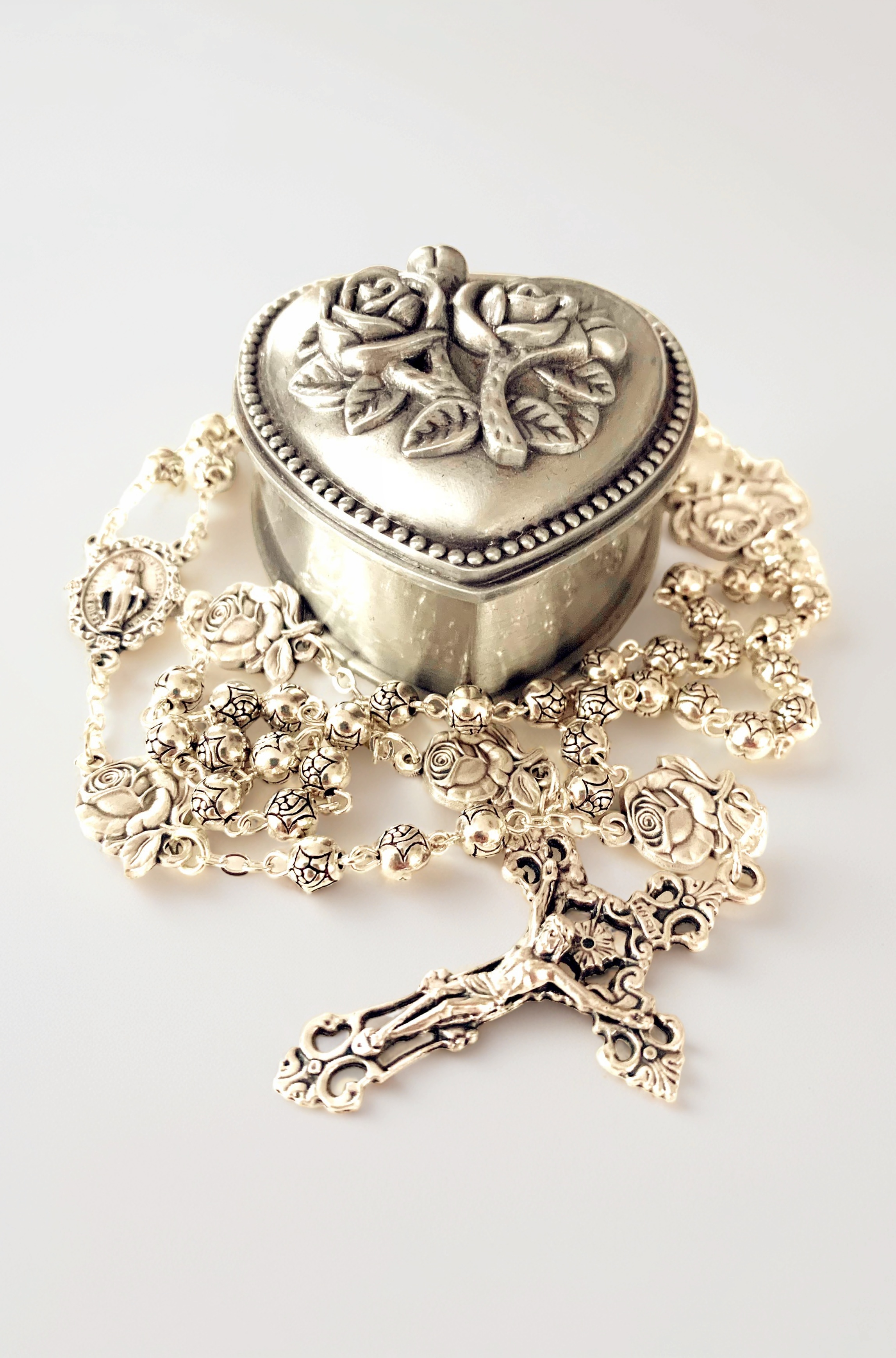 Handmade Silver Rose Beads Catholic 5 Decade Rosary Case Cross Gift Box Italy Crucifix Cross For Women