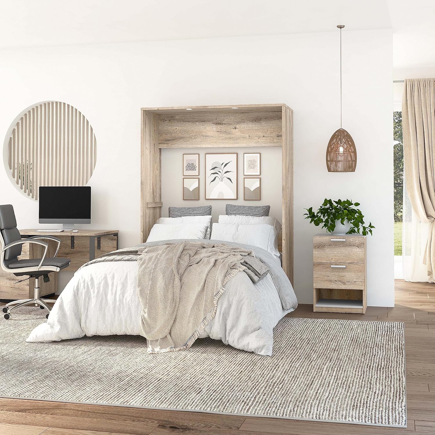 Bestar Cielo 60W Full Murphy Bed in Rustic Brown and White, Sleeping Arrangement for Multipurpose Room