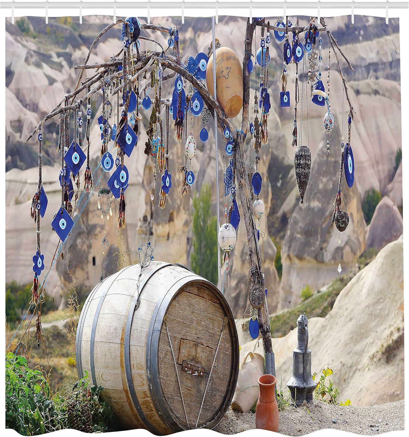 Ambesonne Evil Eye Shower Curtain, Picturesque Landscape with Evil Eyes on a Tree Cappadocia Turkey Anatolian Culture, Cloth Fabric Bathroom Decor Set with Hooks, 69" W x 84" L, Blue Grey