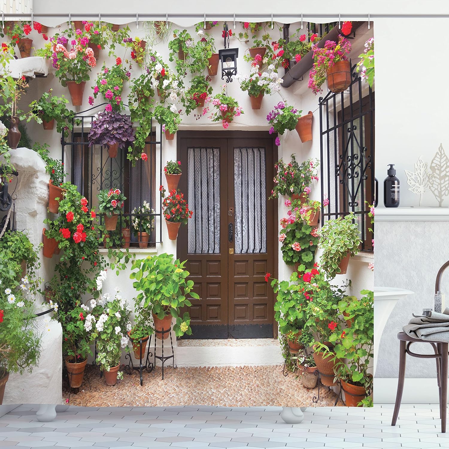 Ambesonne Country Shower Curtain, Colorful House Design with Bunch of Flowers in Pots European Architecture Theme, Cloth Fabric Bathroom Decor Set with Hooks, 69" W x 75" L, Fern Green