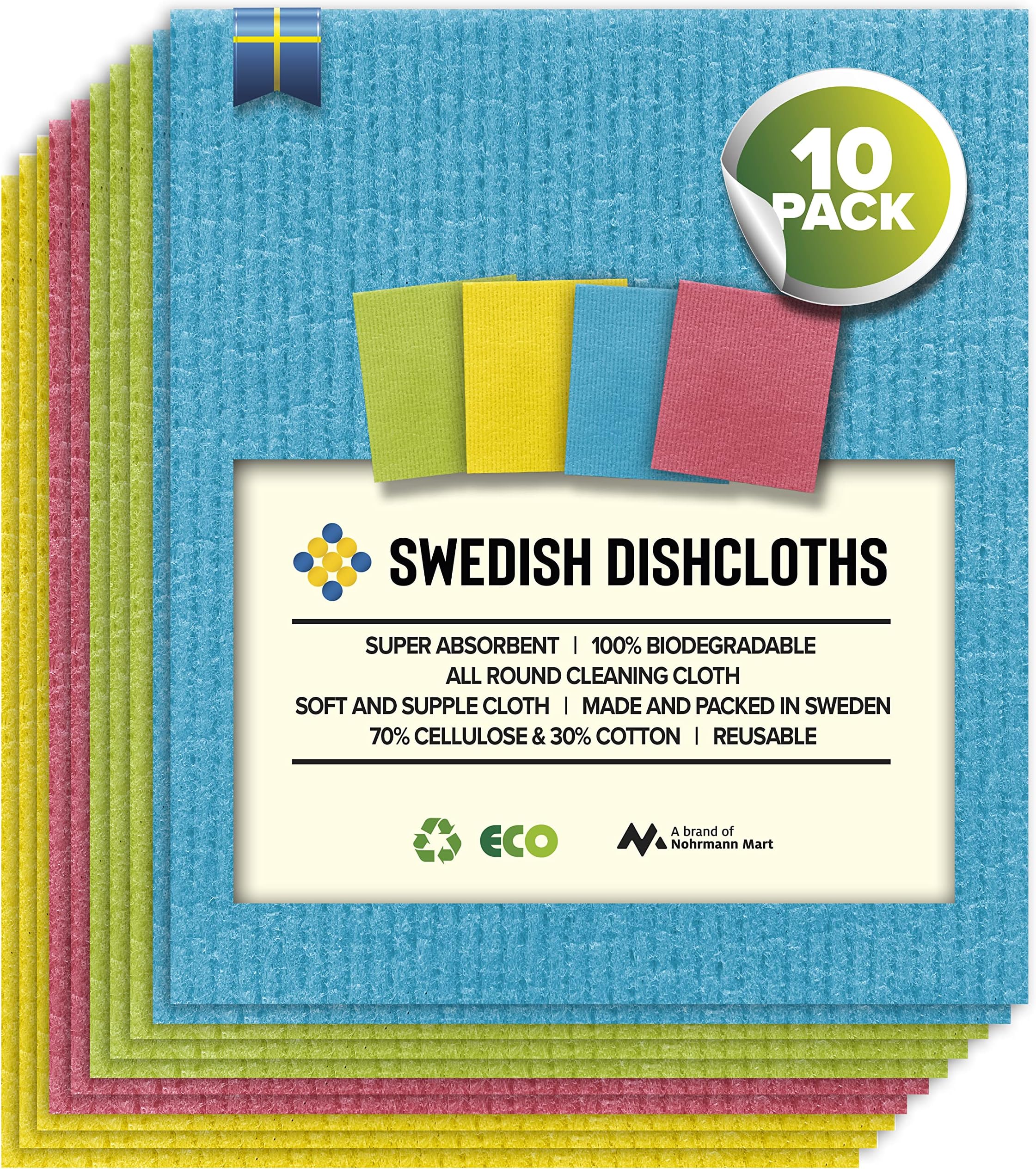 Swedish Dishcloths - 10 Pack Absorbent, Reusable, & Washable Hand Wash Cloths for Kitchen, Dishwashing - Cellulose Sponge Kitchen Towels - Eco-Friendly Cleaning Paper Towel Alternative