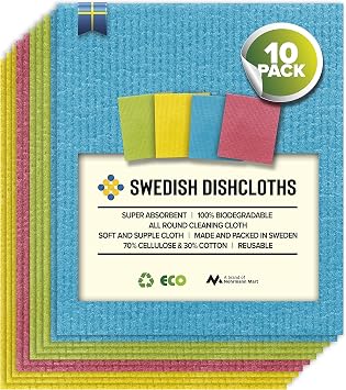 Swedish Dishcloths - 10 Pack Absorbent, Reusable, Washable Hand Wash Cloths for Kitchen, Dishwashing - Cellulose Sponge Kitchen Towels - Eco-Friendly Cleaning Paper Towel Alternative