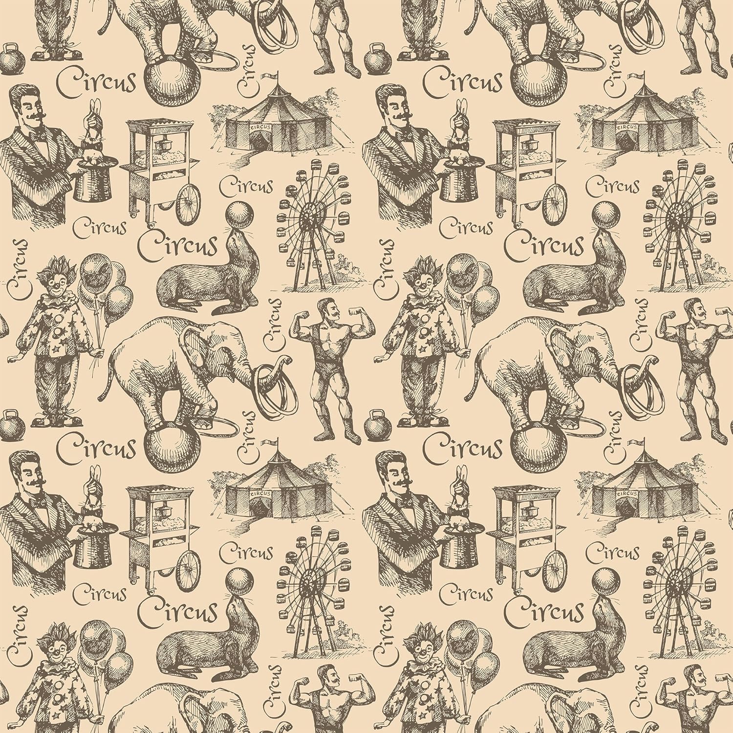 Walls By Me Peel and Stick Tan Circus Children Removable Wallpaper 0156-2ft x 8.5ft (61x260cm)
