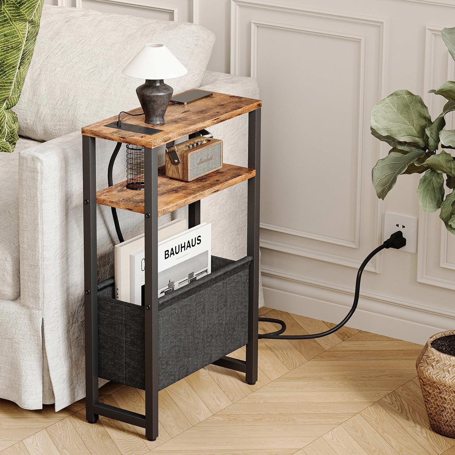 Narrow Side Table with Charging Station Slim End Table Sofa with Magazine Rack, Bedside Table for Small Spaces, 3 Tier Nightstand for Living Room Couch, Bedroom Rustic Brown LET503RE