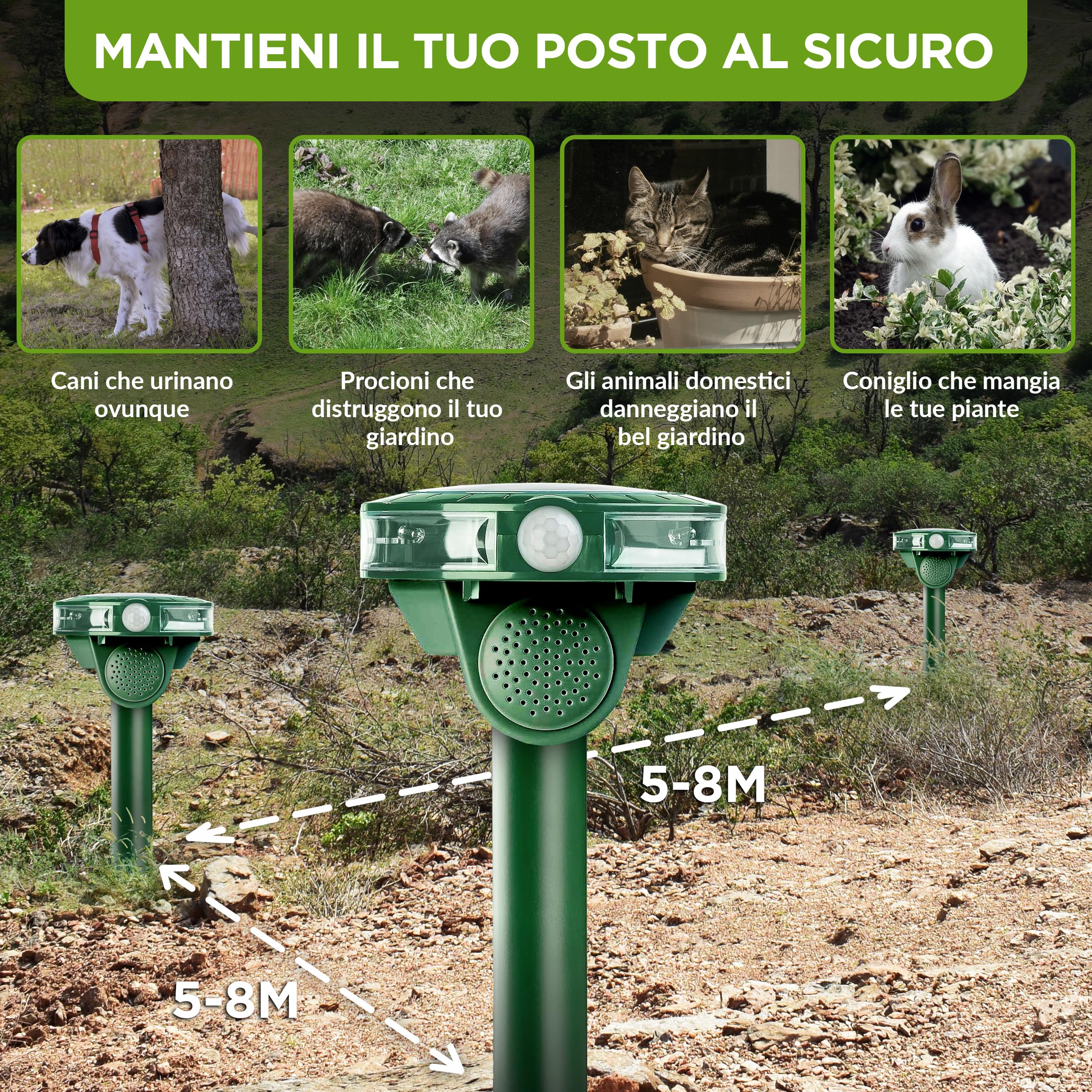 ISOTRONIC repellente animali ultrasuoni gatti cani volpi procioni energia solare picchetto giardino incluso raggio 40m² 2 unità efficace esterno dissuasore protezione difesa ecologico stop mobile
