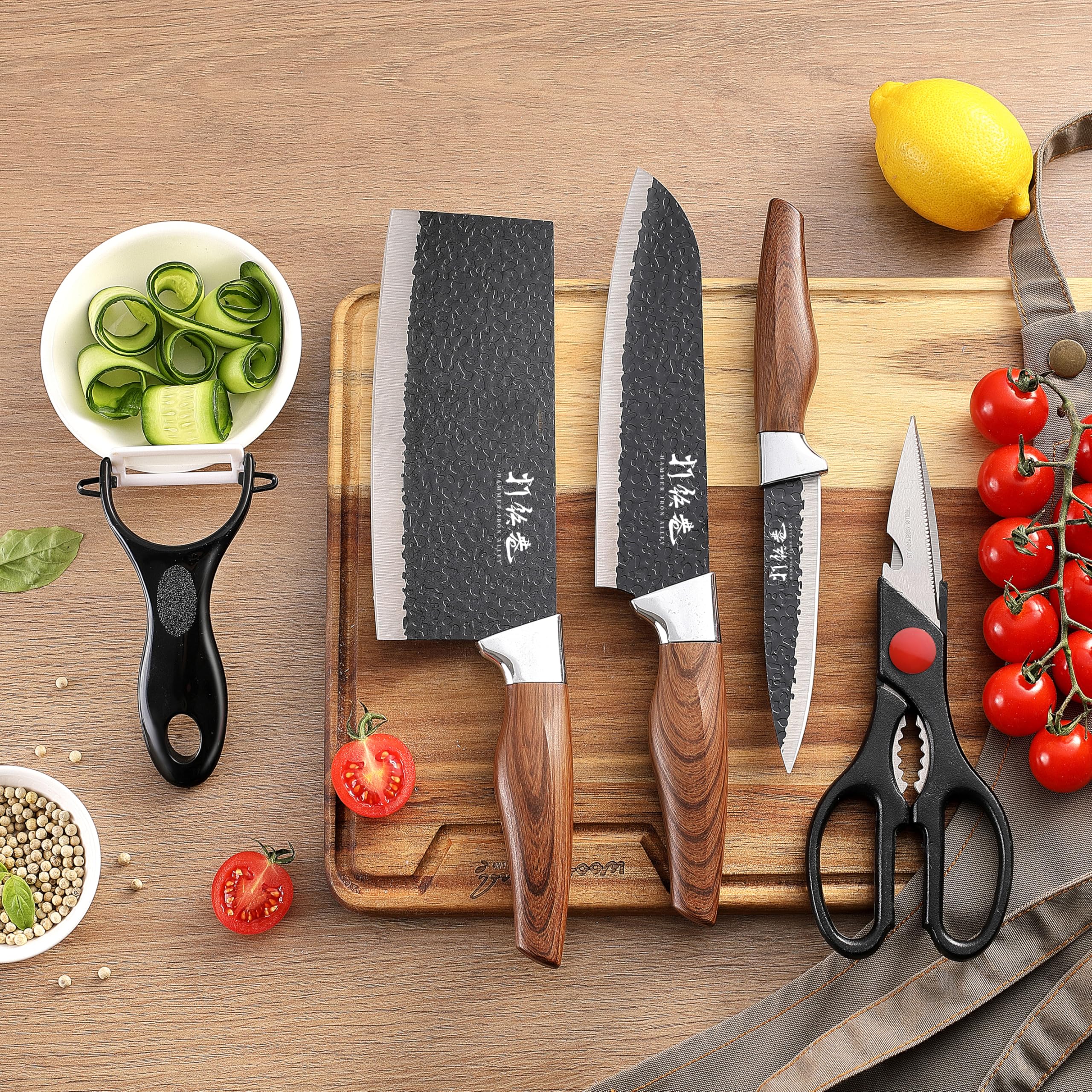 5 PCS kitchen Chef Knife Set, include 7 inch cleaver, 7 inch Santoku, 4.5 inch utility knife, Kitchen Scissors and Peeler — Amazon image 7