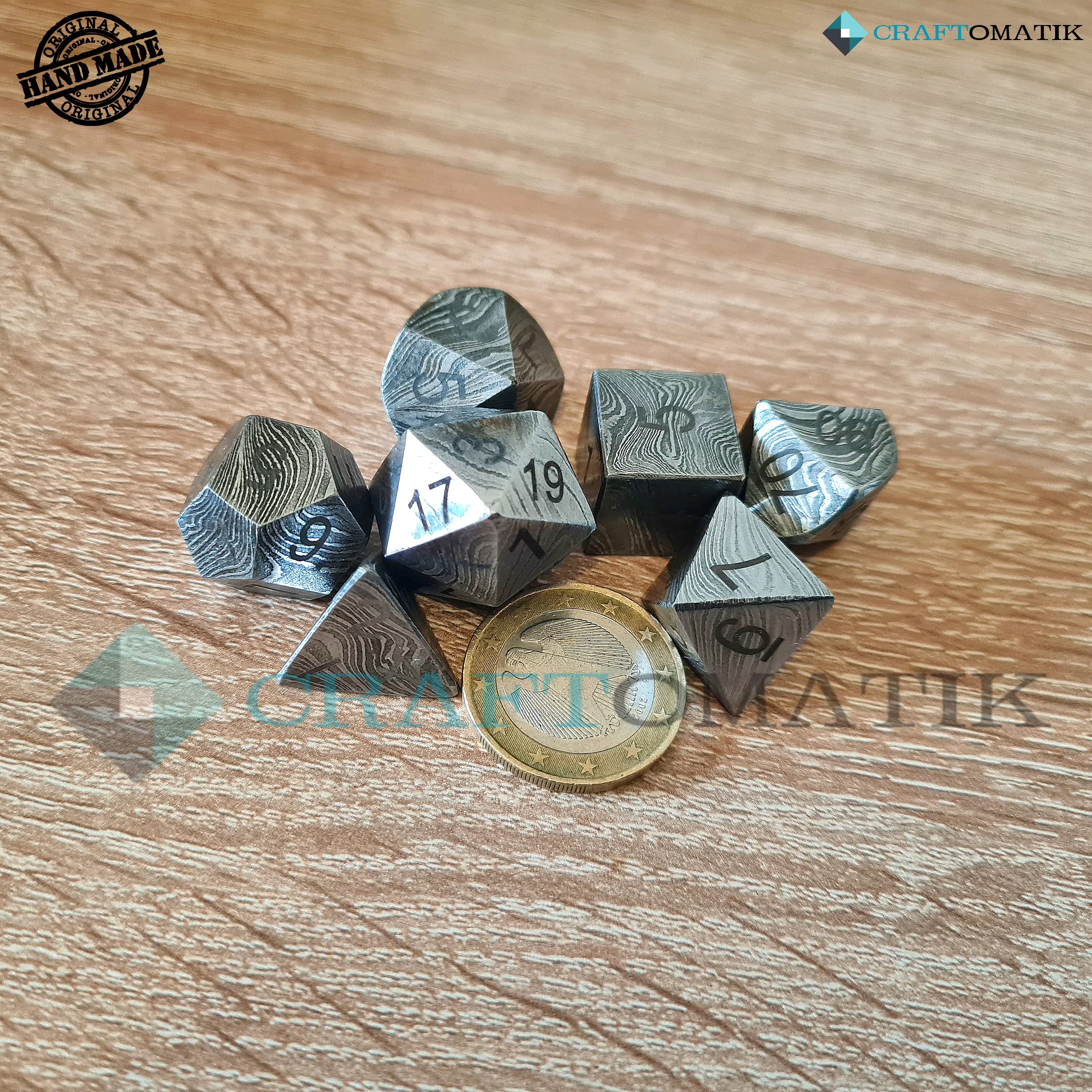 DND Juego de dados de Damasco, 7 piezas, hecho a mano, acero de Damasco, MTG RPG D&D Dice, bolsa de piel con alfombrilla de juego
