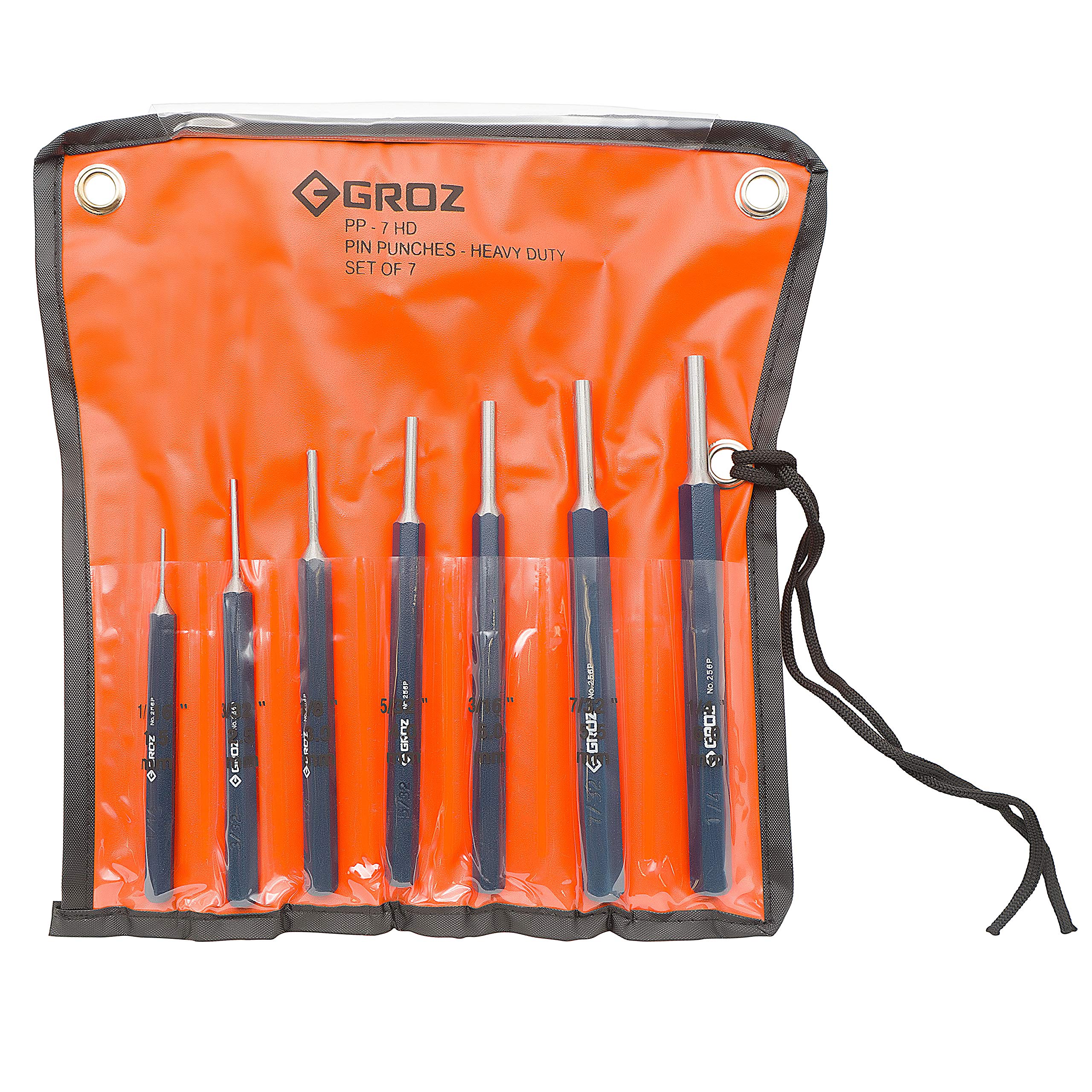 Groz 7-Piece Heavy Duty Pin Punch Set | Hexagonal Shank | 52