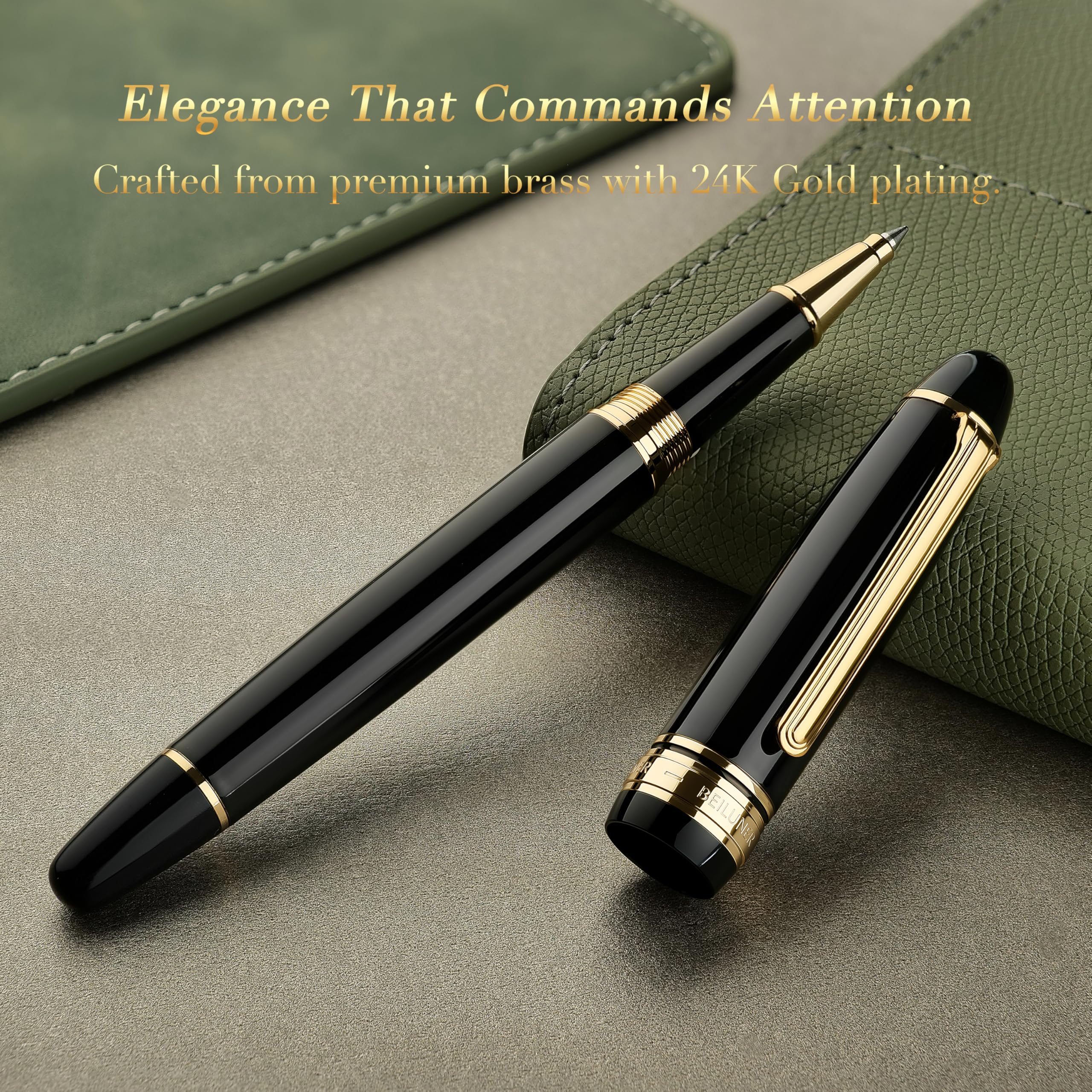 BEILUNER 319 Piano Black Lacquer Rollerball - Stunning Luxury Pen with 24K Gold Heavy Schneider Black Ink Refill — view 3