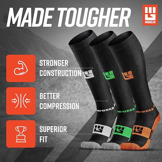 MudGear Premium Compression Socks Medium 3-Pack - Run, Hike, Trail, Recovery (Size Medium - Black/Gray, Black/Green, and Black/Orange)