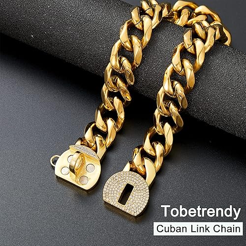 Miniatura 7 de ToBeTrendy Collar de cadena de metal para perro con diseño brillante seguro, cadena de eslabones cubanos de oro de 18 quilates, resistente y
