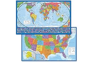 2 Pack Flat World Map Poster & USA Map Set with Detailed Equal Earth Display