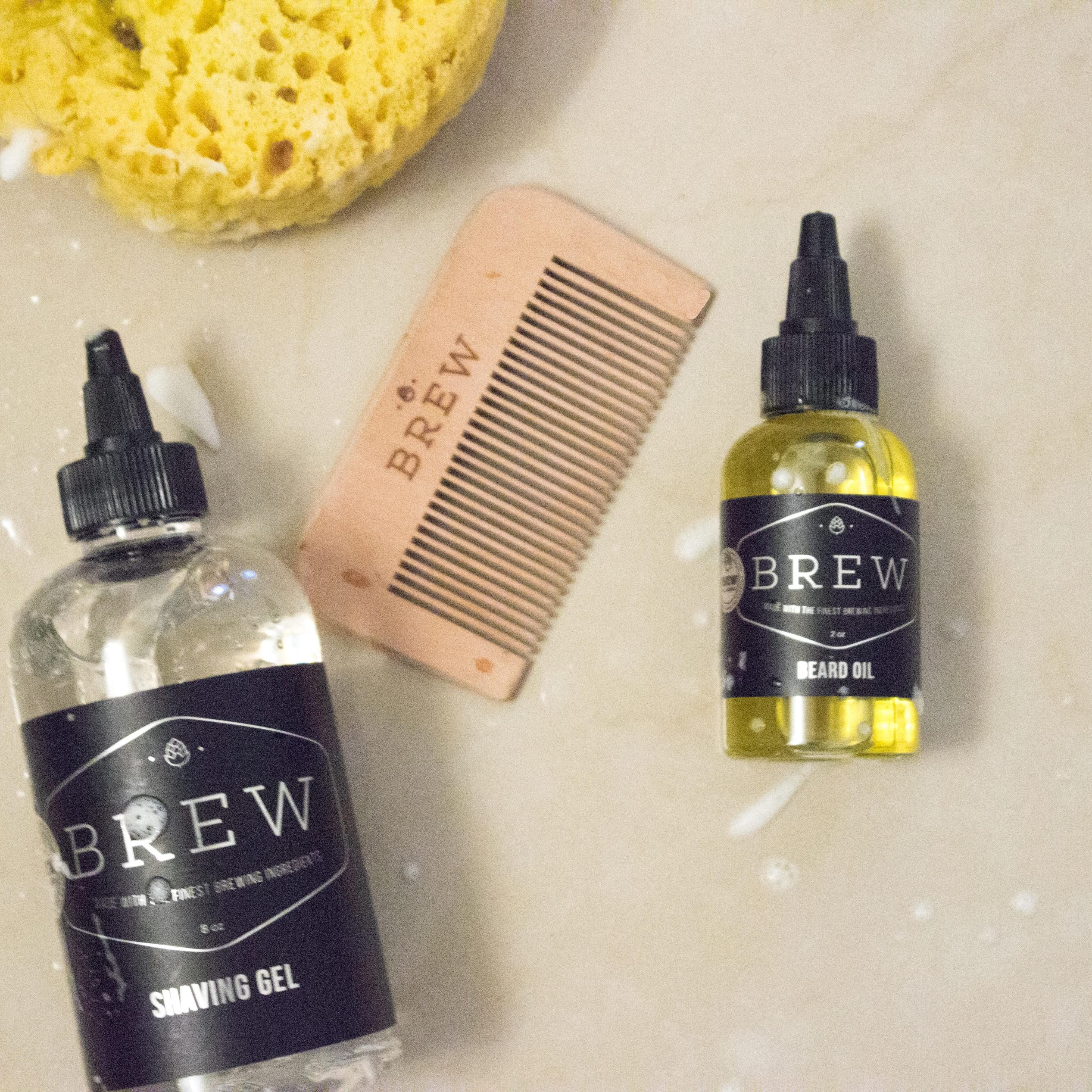 Complete Men's Beard Grooming Kit by BREW Grooming - Ultimate Gift Set Kit for Men including Wooden Comb, Beard Oil, Clear Shave Gel & Travel Toiletry Bag