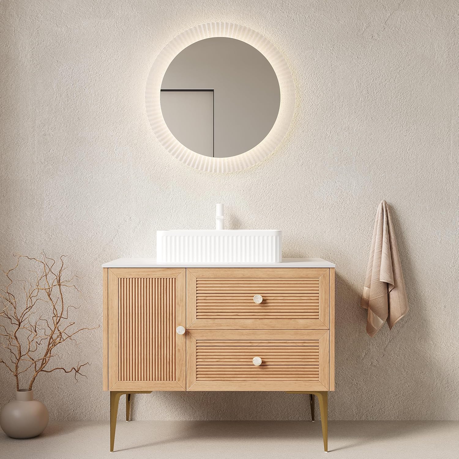 36” Bathroom Vanity with Sink, Freestanding Plywood Storage Cabinet with 4 Metal Legs, Door & 2 Drawers, White Rectangular Ceramic Basin, Pre-Assembled in Oak Woodgrain Color
