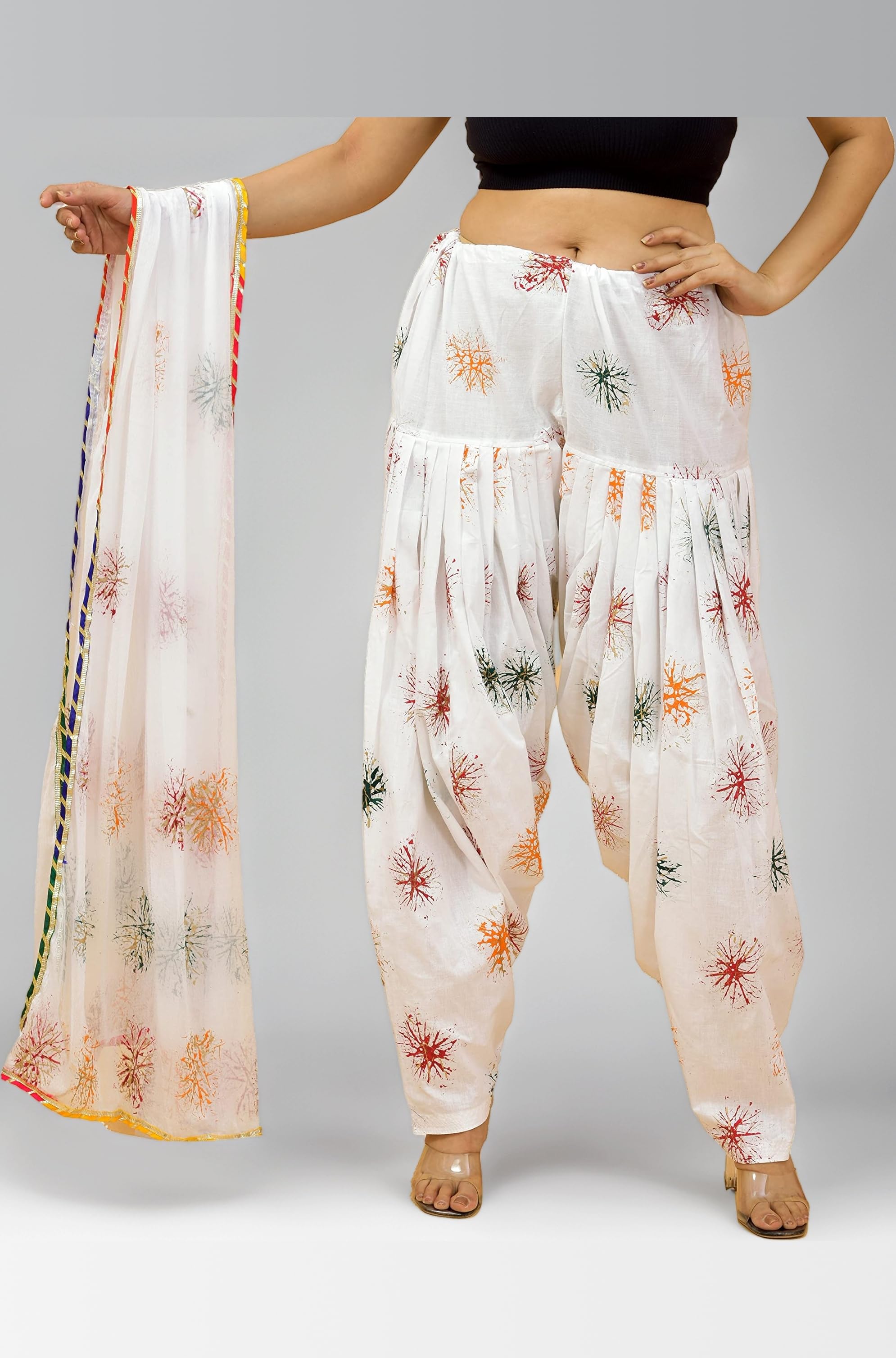 Vrnda Women's Readymade Casual Style Cotton Printed Patiala And Dupatta Set (Office Wear,Free Size,White::Multi)