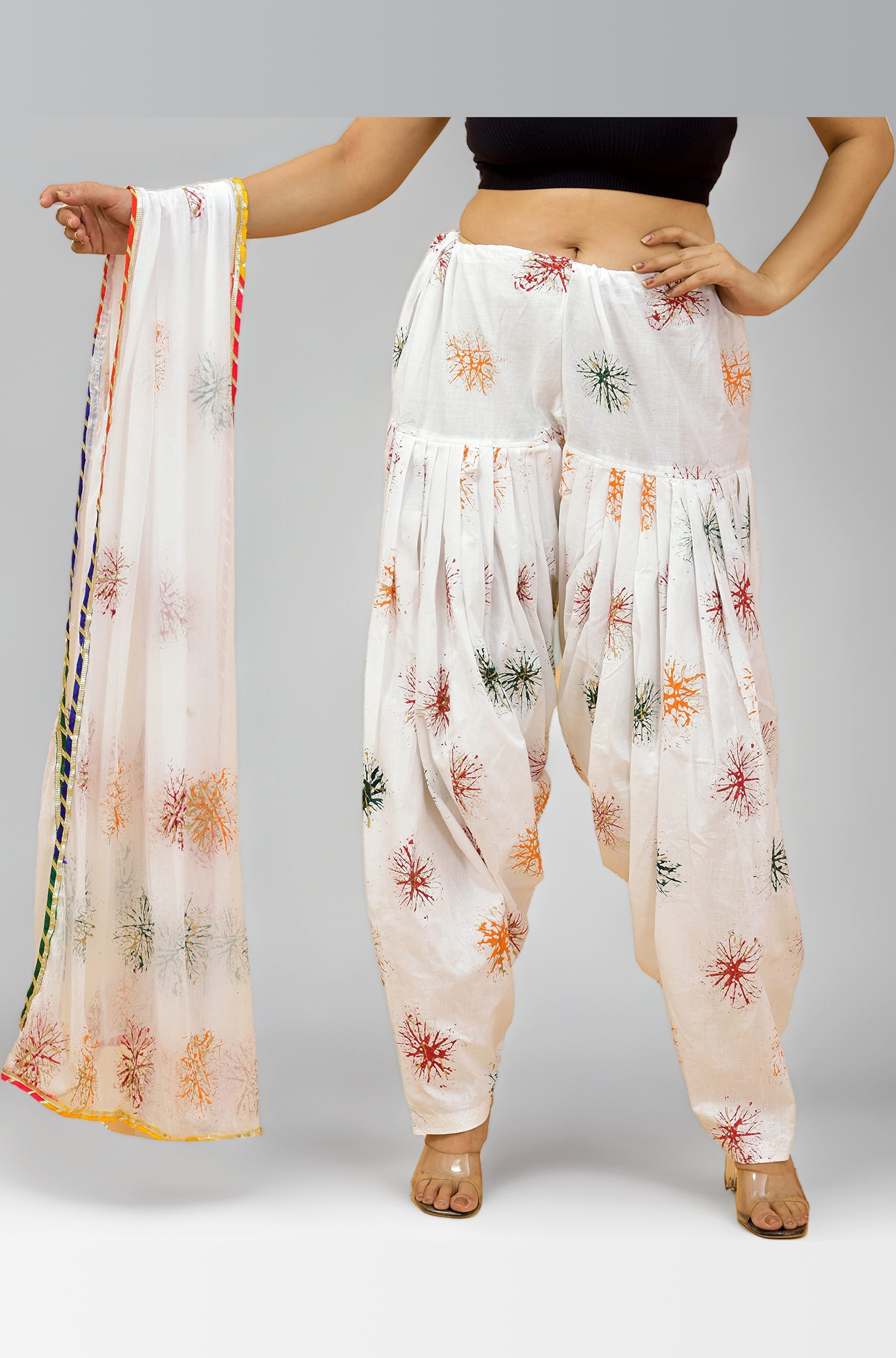 Vrnda Women's Readymade Casual Style Cotton Printed Patiala And Dupatta Set (Office Wear,Free Size,White::Multi)