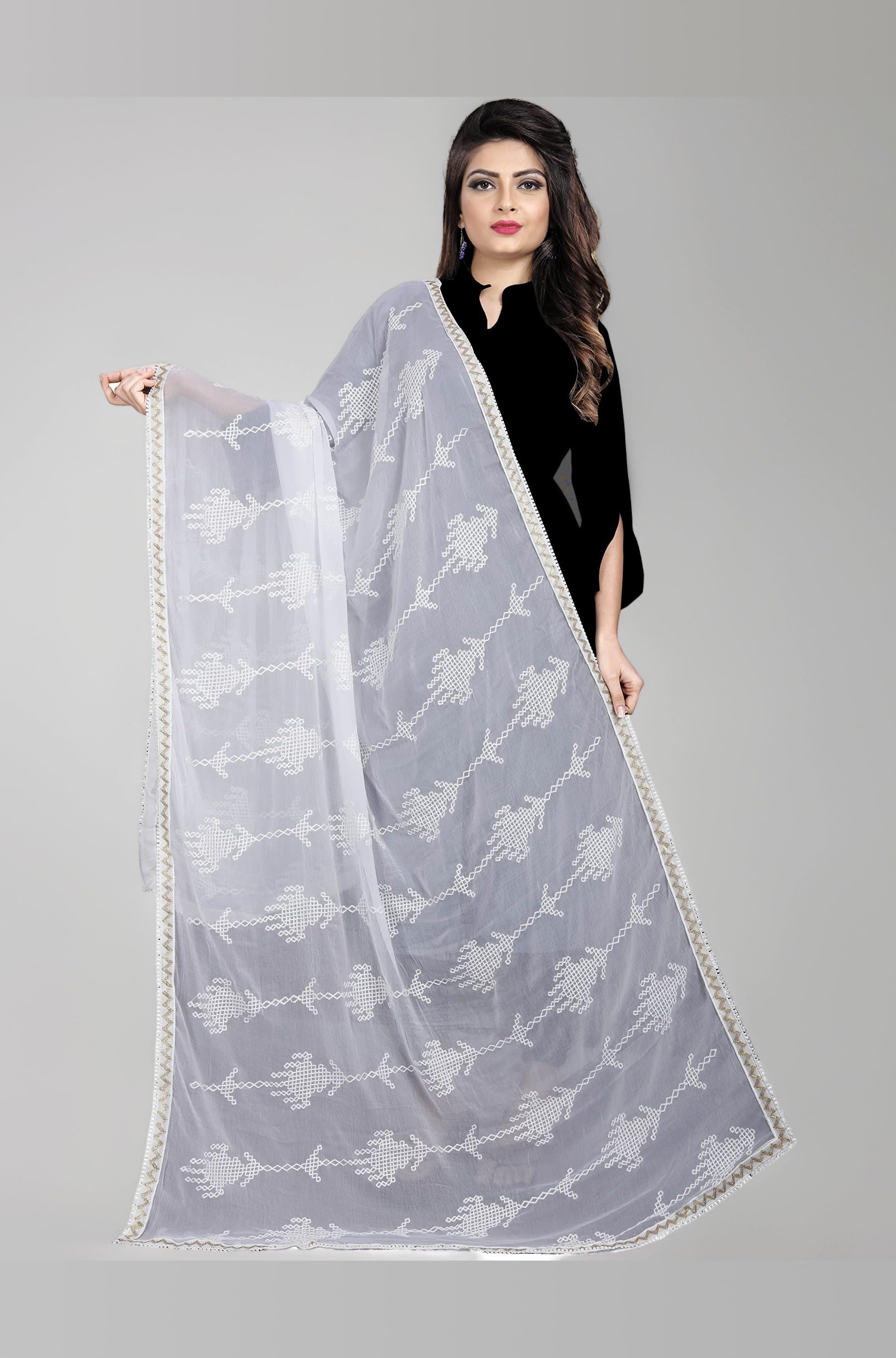 AKSHAR LLC Women's Designer Pure Chiffon Dupatta with Pure Cotton Thread Embroidery Work