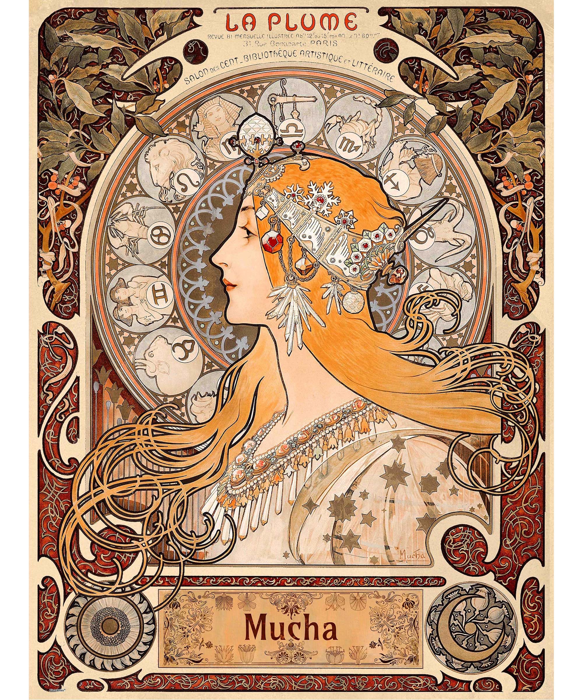 PieceRelax PieceClicks Plastic Jigsaw Puzzle for Adults 1000 Pieces - Alphonse Mucha - Zodiac - 25.2 X 18.9 Inches, Most Satisfying Table Games, No Glue Needed [U1117]